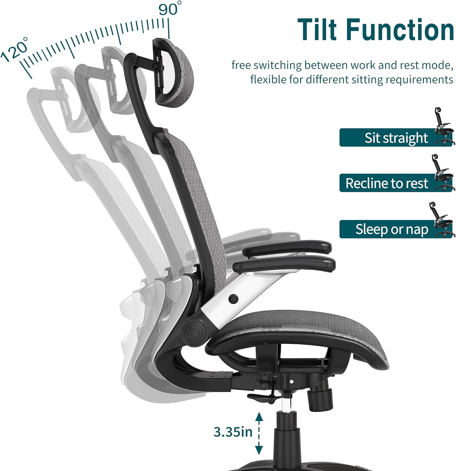 Ergonomic Mesh Office Chair, High Back Desk Chair - Adjustable Headrest with Flip Arm, Tilt Function, Lumbar Support and PU Wheels, Swivel Computer Work Chair