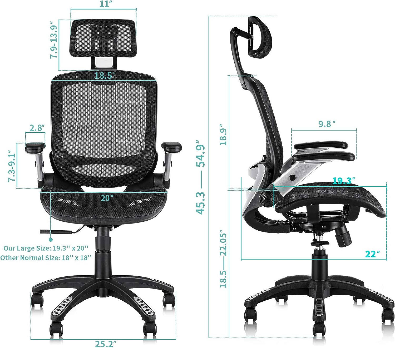 Ergonomic Mesh Office Chair, High Back Desk Chair - Adjustable Headrest with Flip Arm, Tilt Function, Lumbar Support and PU Wheels, Swivel Computer Work Chair