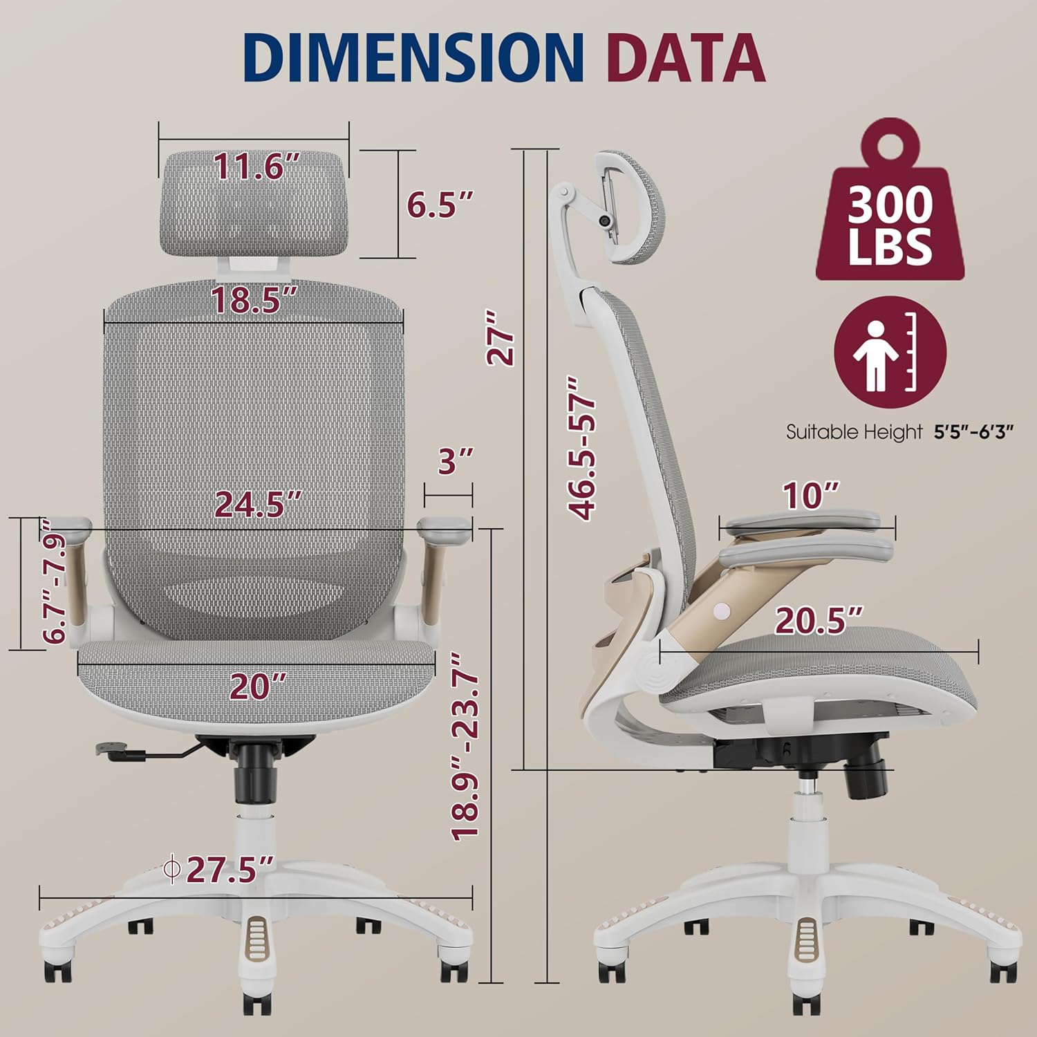 Ergonomic Mesh Office Chair, High Back Desk Chair - Adjustable Headrest with Flip-Up Arms, Tilt Function, Lumbar Support and PU Wheels, Swivel Computer Task Chair