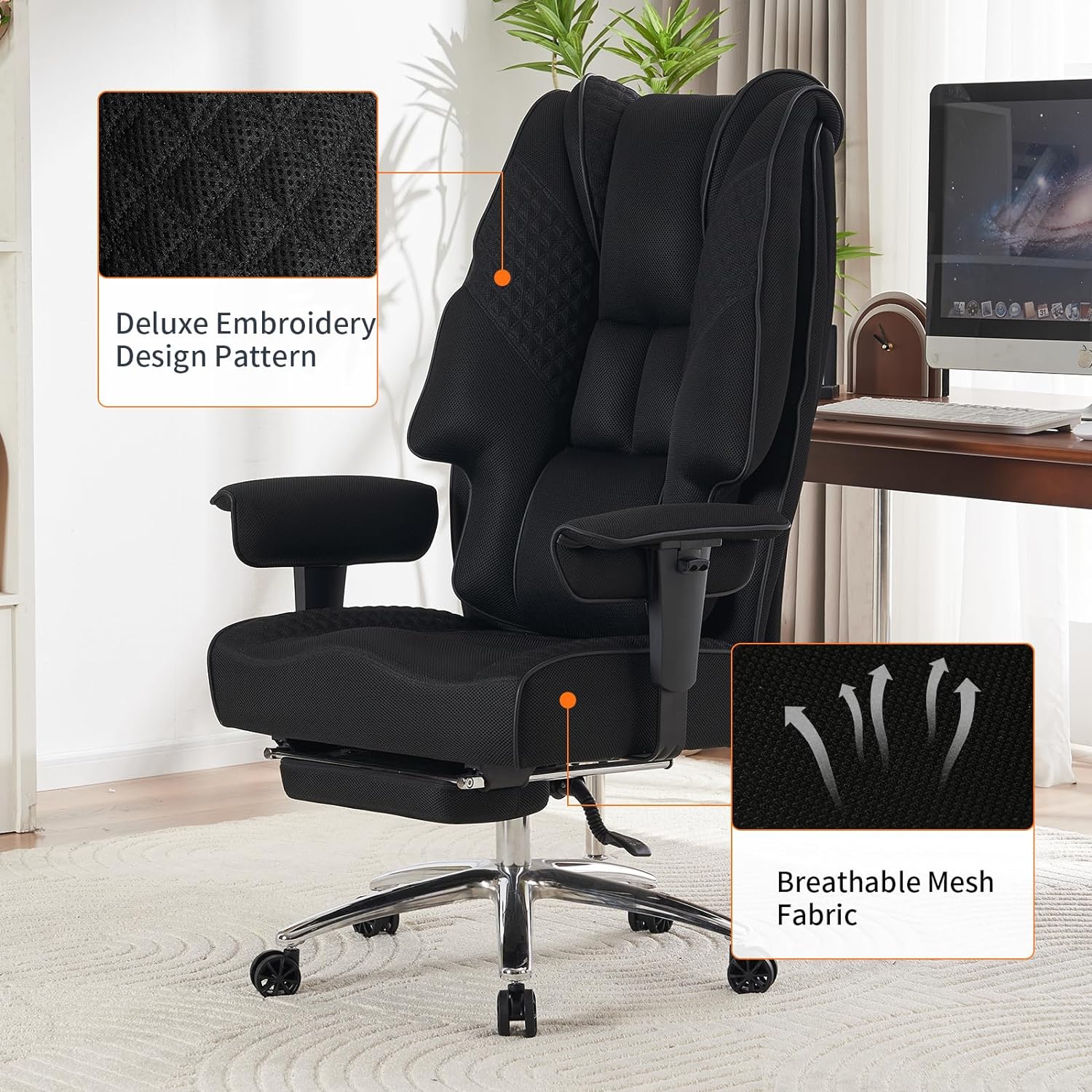 Large Tall Office Chair 400 lbs Wide Seat, Leather High Back Executive Office Chair with Footrest, Ergonomic Office Chair Lumbar Support to Relieve Lower Back Pain (Beige)