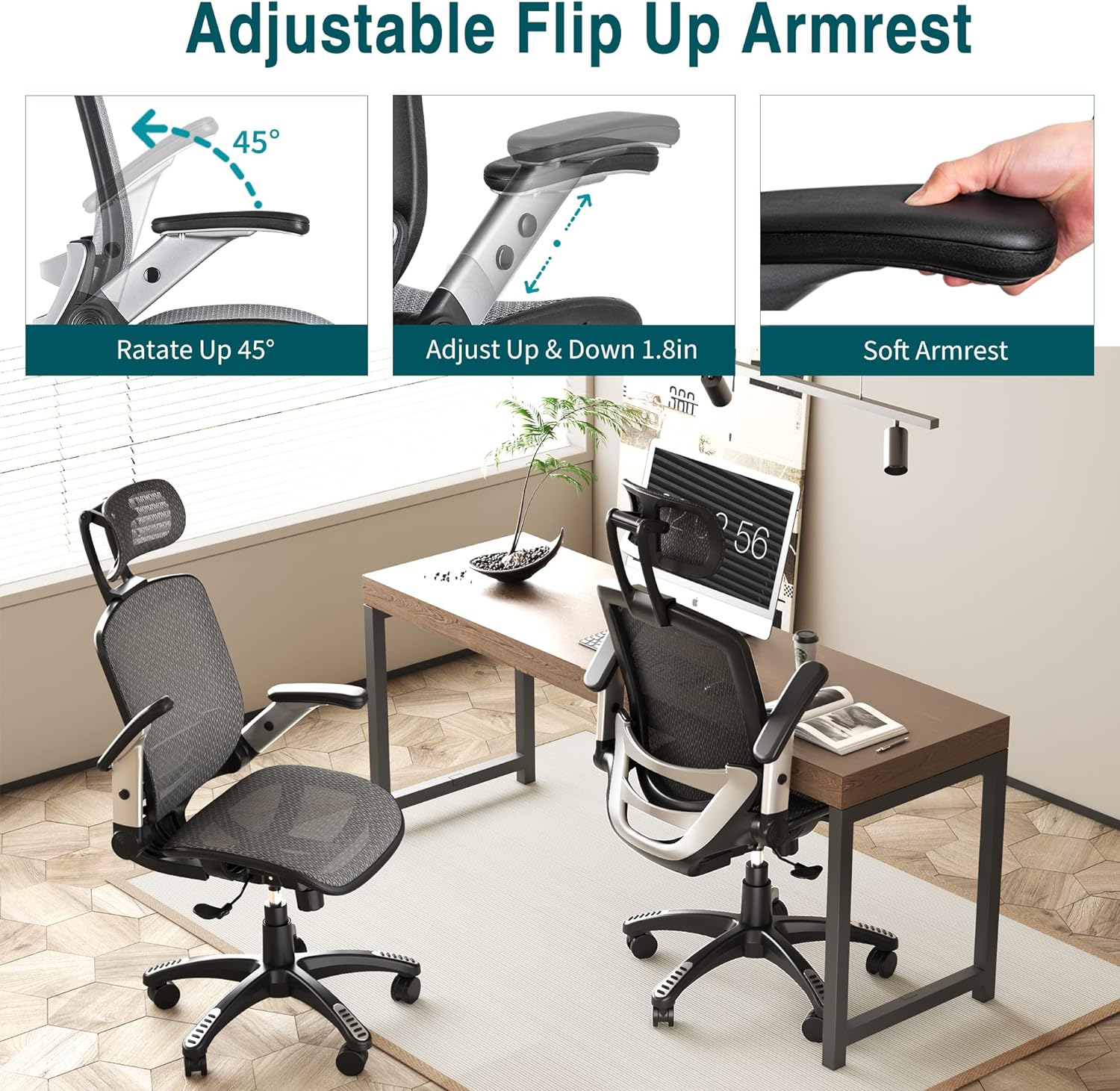 Ergonomic Mesh Office Chair, High Back Desk Chair - Adjustable Headrest with Flip Arm, Tilt Function, Lumbar Support and PU Wheels, Swivel Computer Work Chair