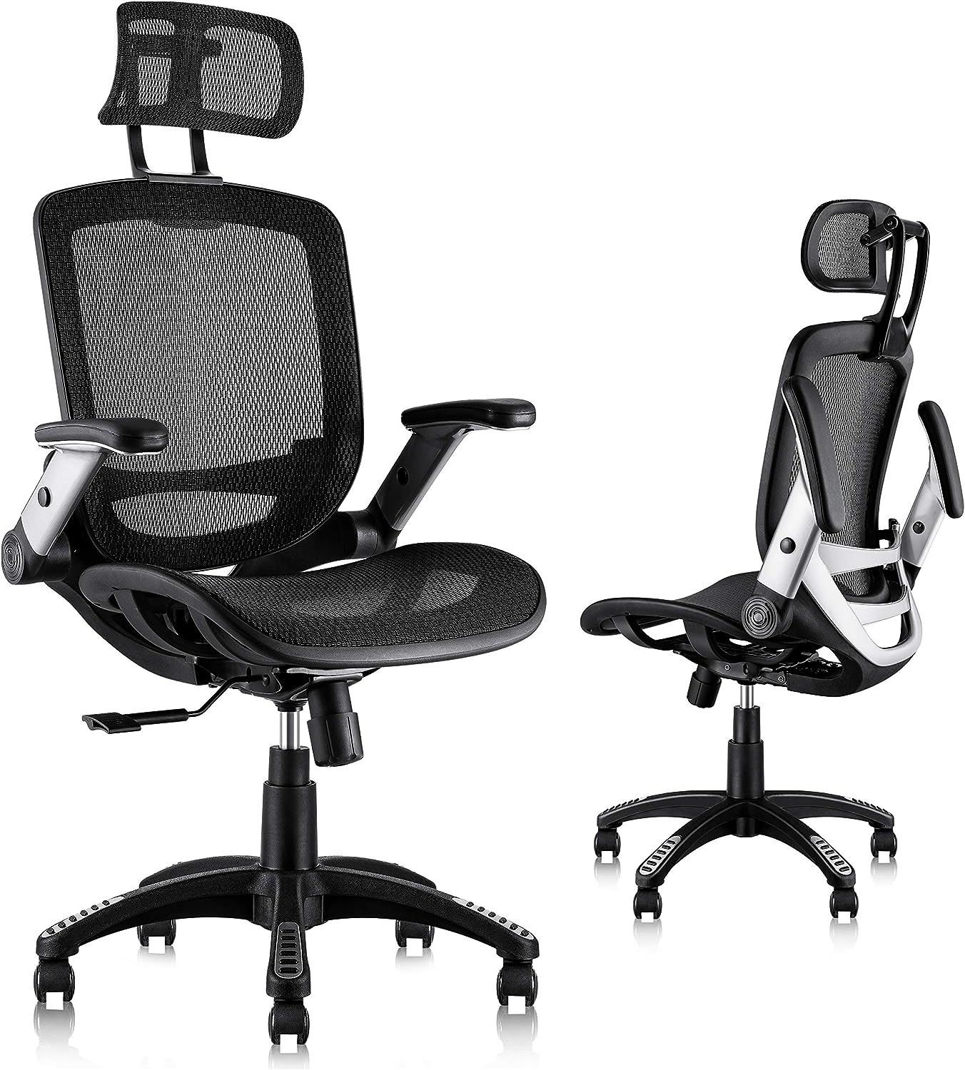 Ergonomic Mesh Office Chair, High Back Desk Chair - Adjustable Headrest with Flip-Up Arms, Tilt Function, Lumbar Support and PU Wheels, Swivel Computer Task Chair