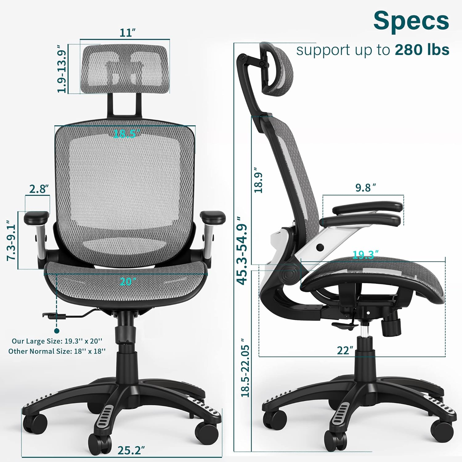 Ergonomic Mesh Office Chair, High Back Desk Chair - Adjustable Headrest with Flip Arm, Tilt Function, Lumbar Support and PU Wheels, Swivel Computer Work Chair