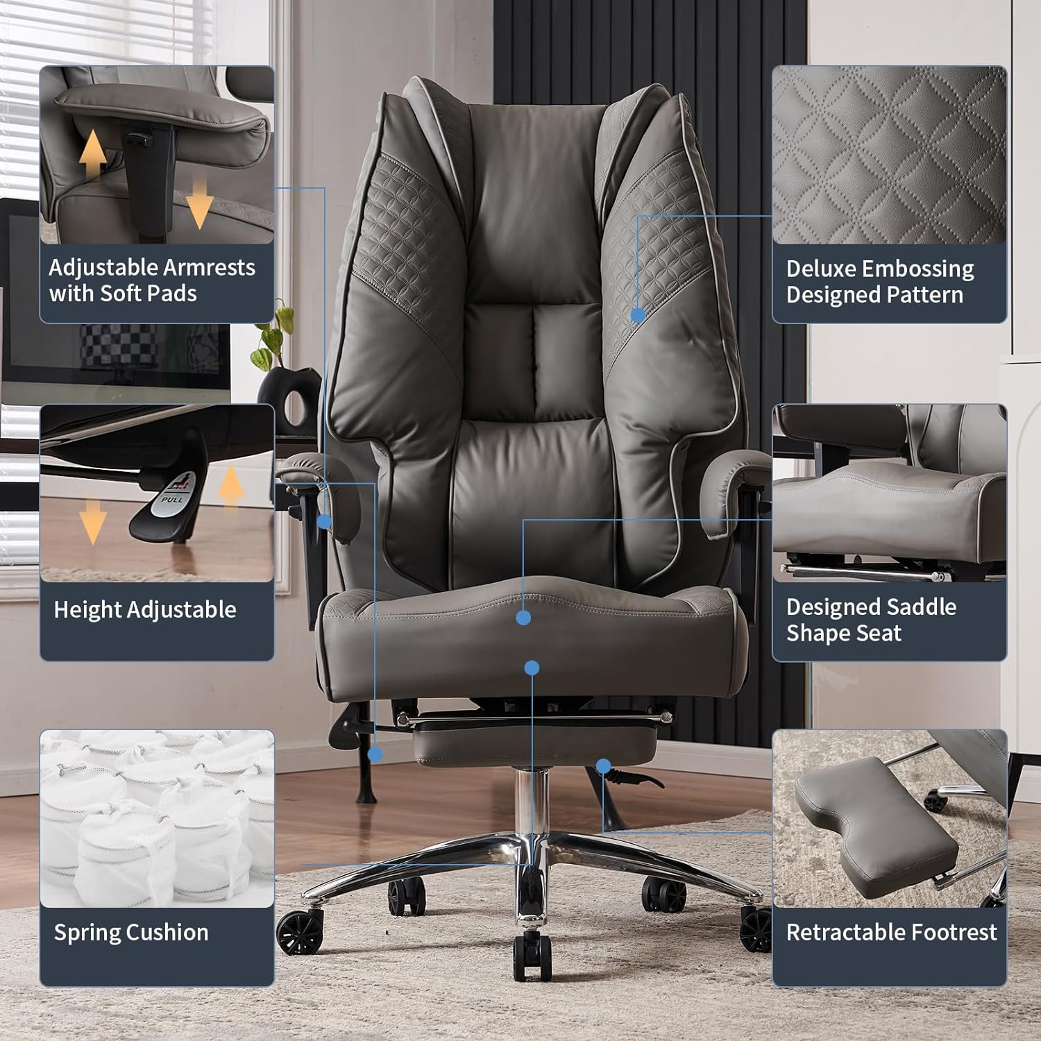 Large Tall Office Chair 400 lbs Wide Seat, Leather High Back Executive Office Chair with Footrest, Ergonomic Office Chair Lumbar Support to Relieve Lower Back Pain (Beige)