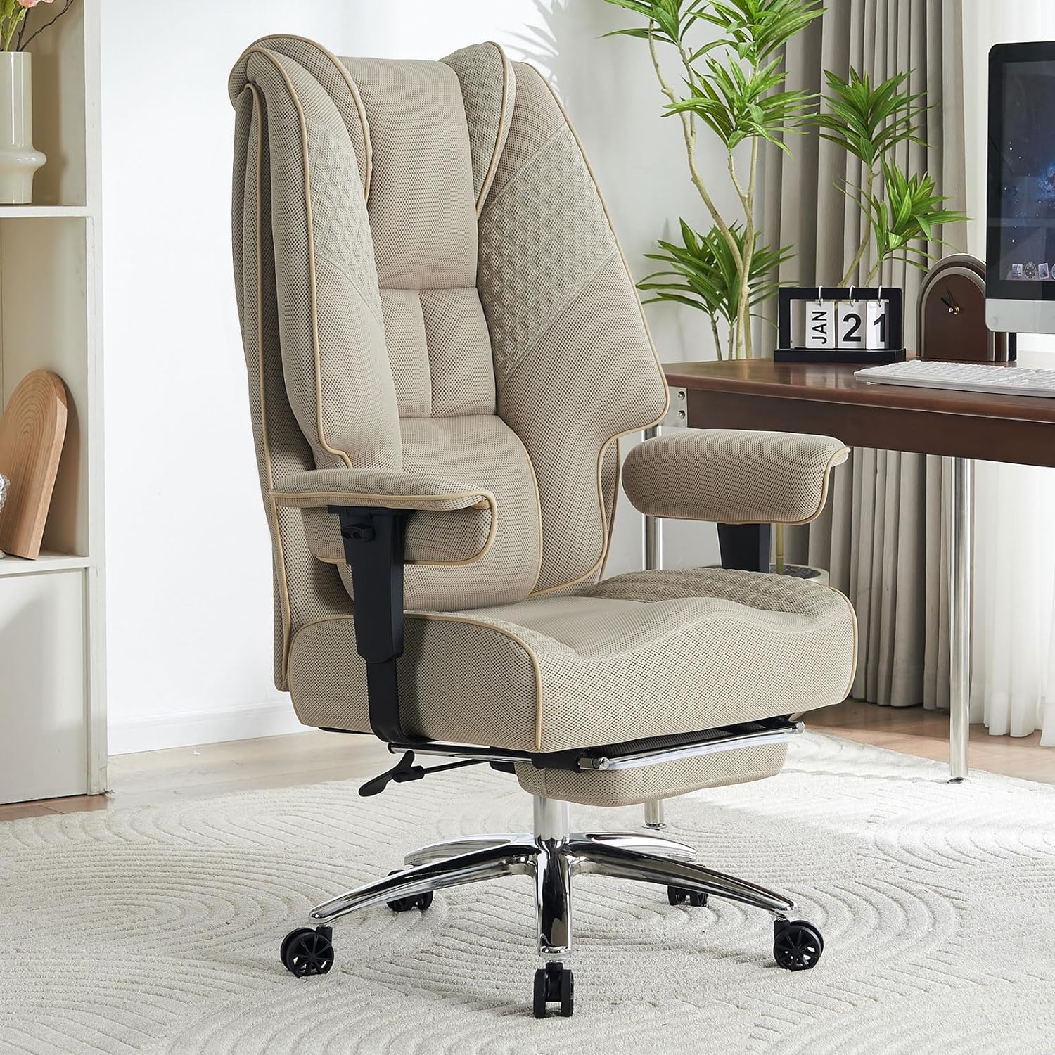 Large Tall Office Chair 400 lbs Wide Seat, Leather High Back Executive Office Chair with Footrest, Ergonomic Office Chair Lumbar Support to Relieve Lower Back Pain (Beige)