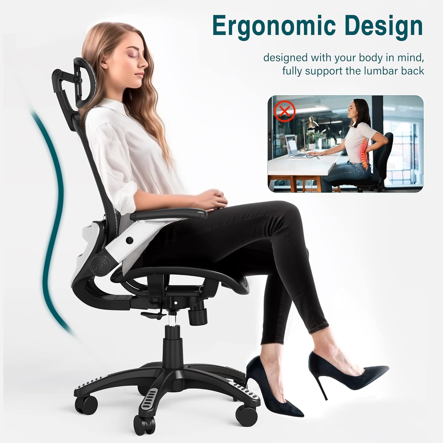Ergonomic Mesh Office Chair, High Back Desk Chair - Adjustable Headrest with Flip Arm, Tilt Function, Lumbar Support and PU Wheels, Swivel Computer Work Chair