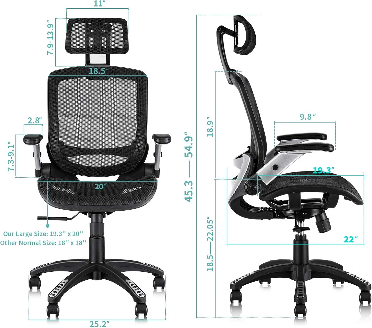 Ergonomic Mesh Office Chair, High Back Desk Chair - Adjustable Headrest with Flip-Up Arms, Tilt Function, Lumbar Support and PU Wheels, Swivel Computer Task Chair