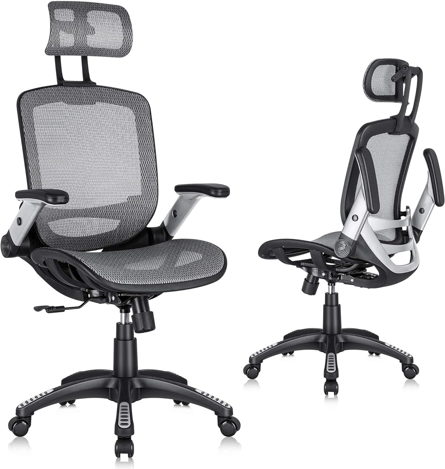 Ergonomic Mesh Office Chair, High Back Desk Chair - Adjustable Headrest with Flip Arm, Tilt Function, Lumbar Support and PU Wheels, Swivel Computer Work Chair