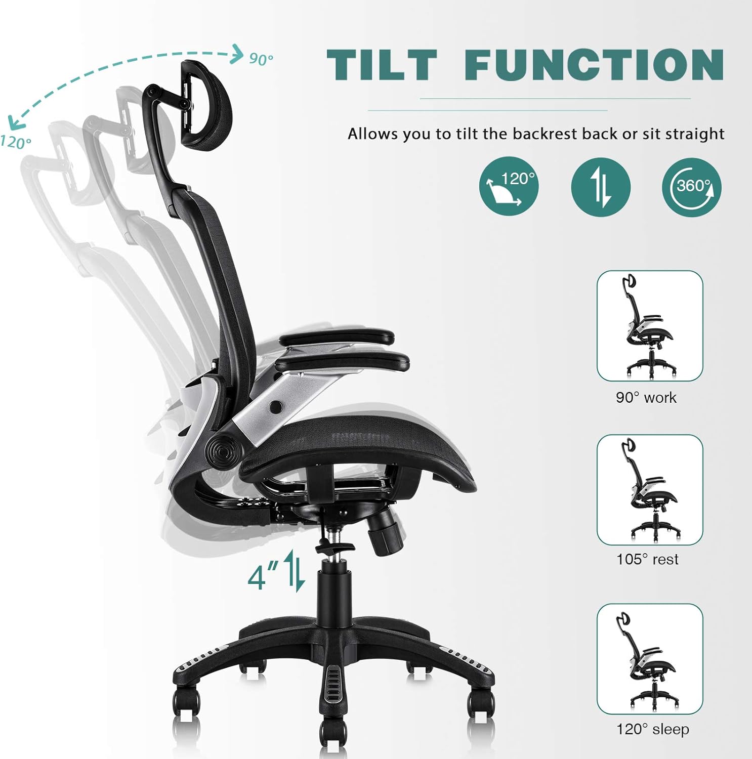 Ergonomic Mesh Office Chair, High Back Desk Chair - Adjustable Headrest with Flip Arm, Tilt Function, Lumbar Support and PU Wheels, Swivel Computer Work Chair