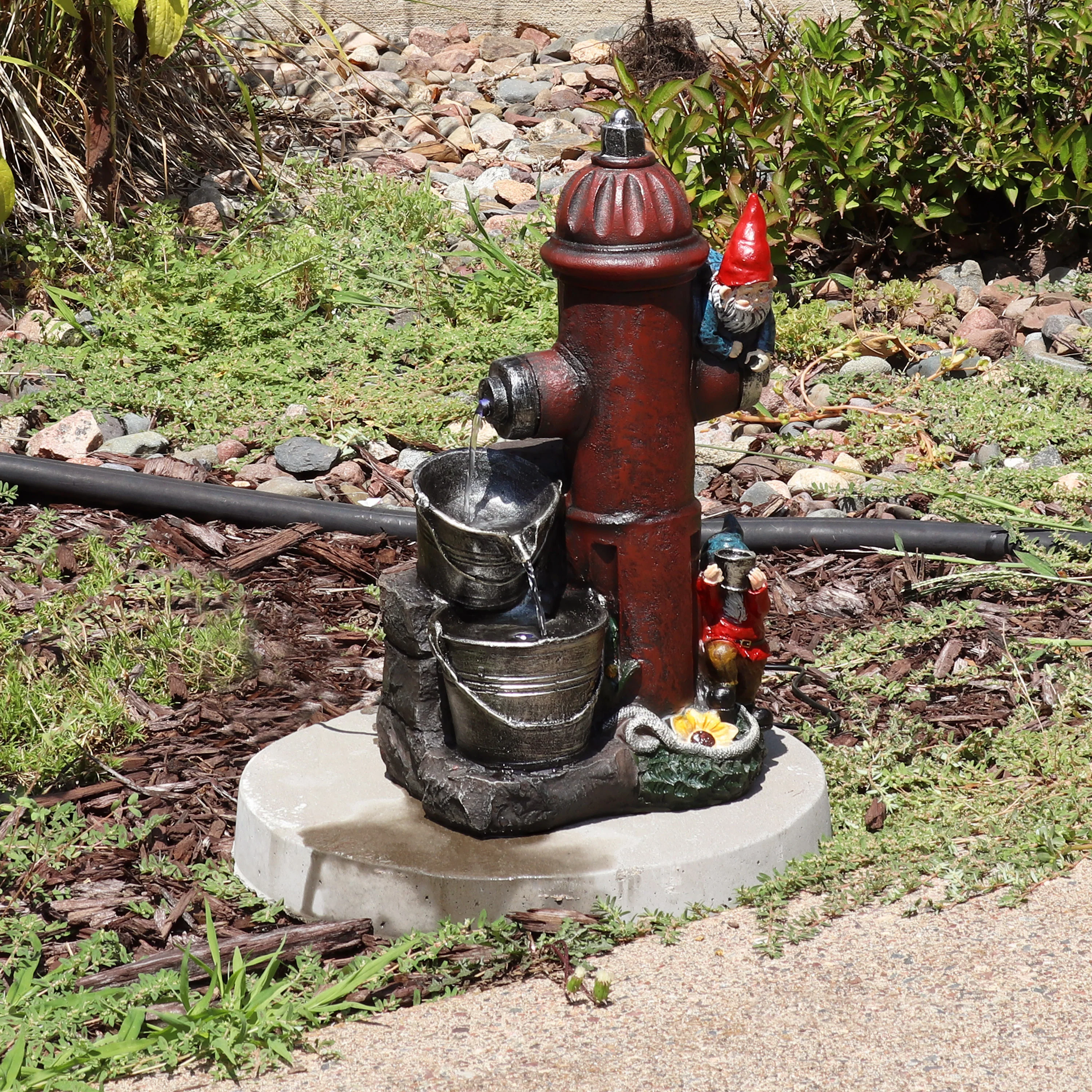 Sunnydaze Fire Hydrant Gnomes Outdoor Water Fountain with LED Light - 16