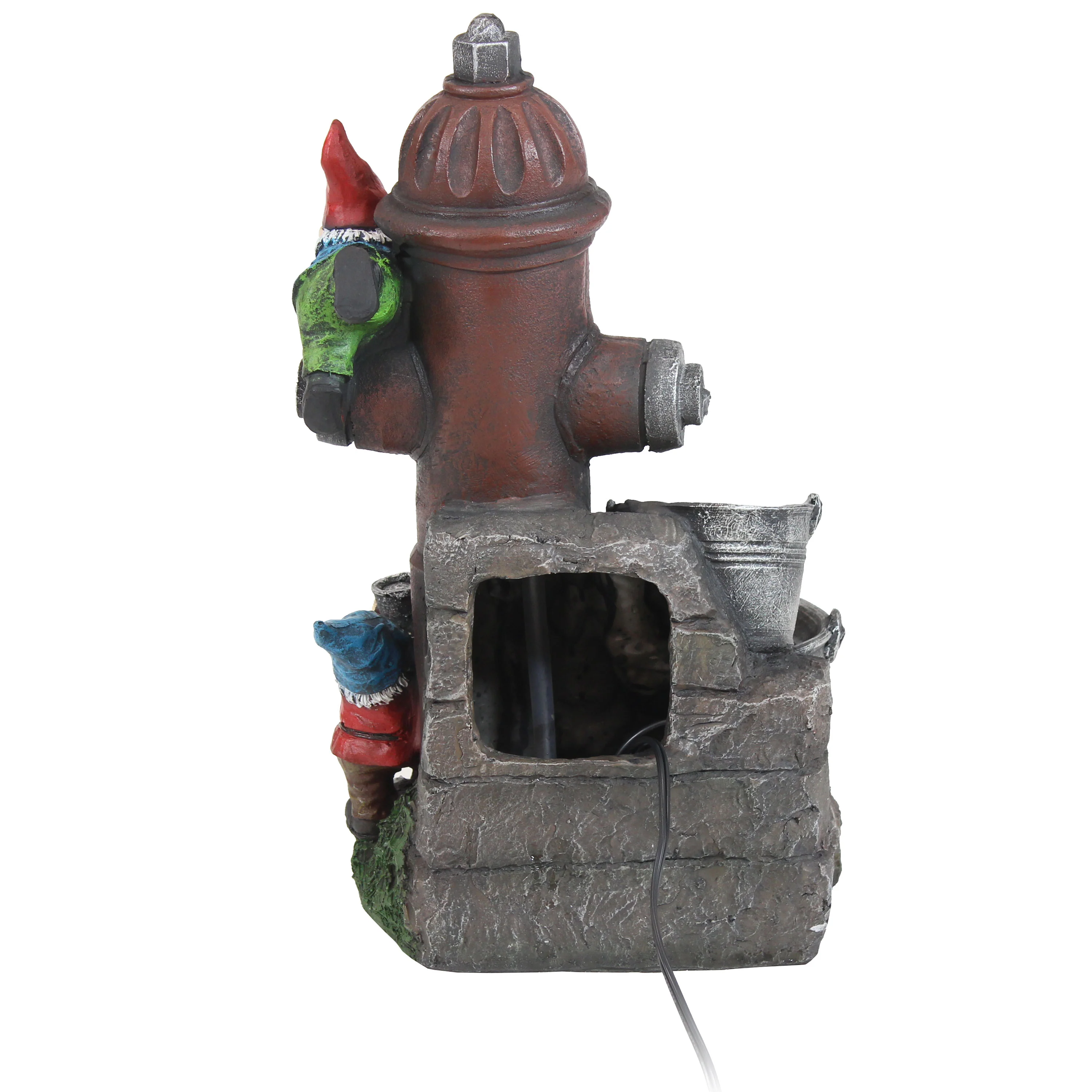 Sunnydaze Fire Hydrant Gnomes Outdoor Water Fountain with LED Light - 16