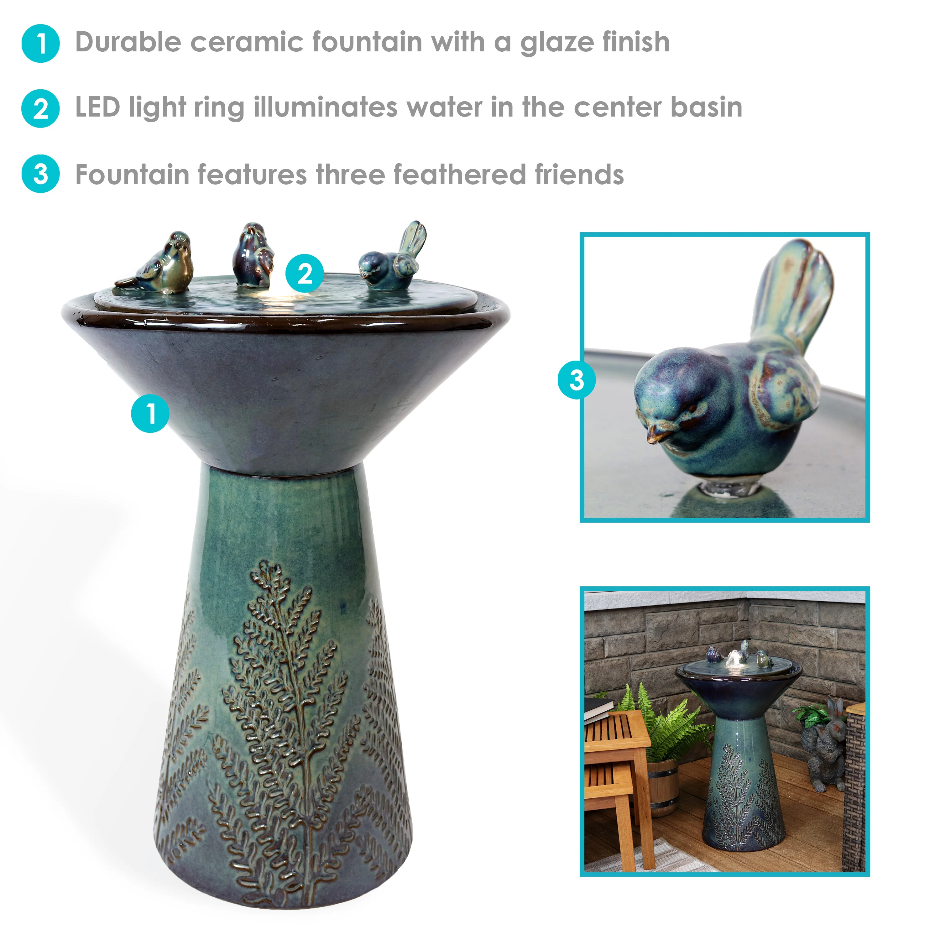 Sunnydaze Gathering Birds Ceramic Outdoor Fountain with LED Lights - 28.25