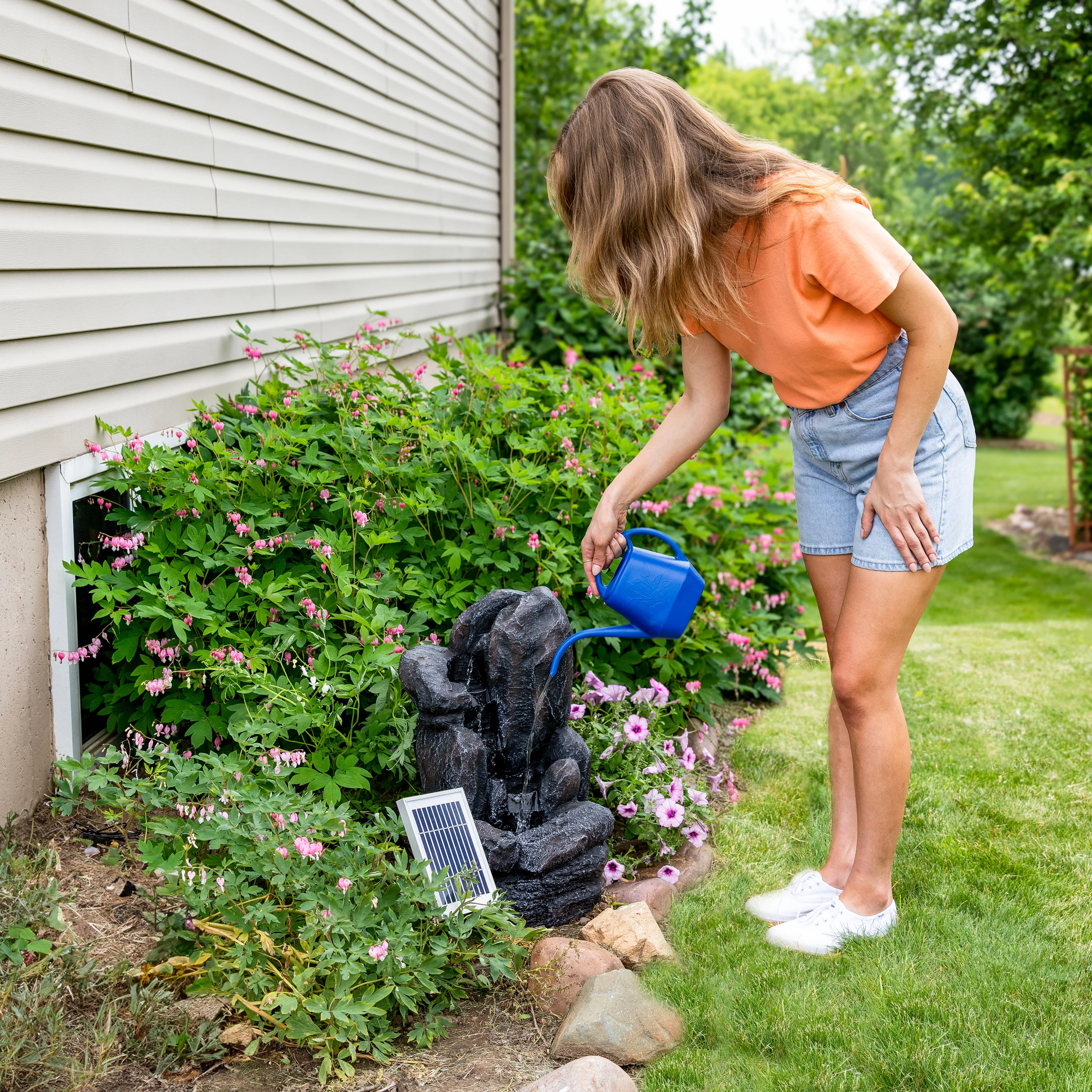 Sunnydaze Rock Falls Solar Outdoor Water Fountain with Battery Backup