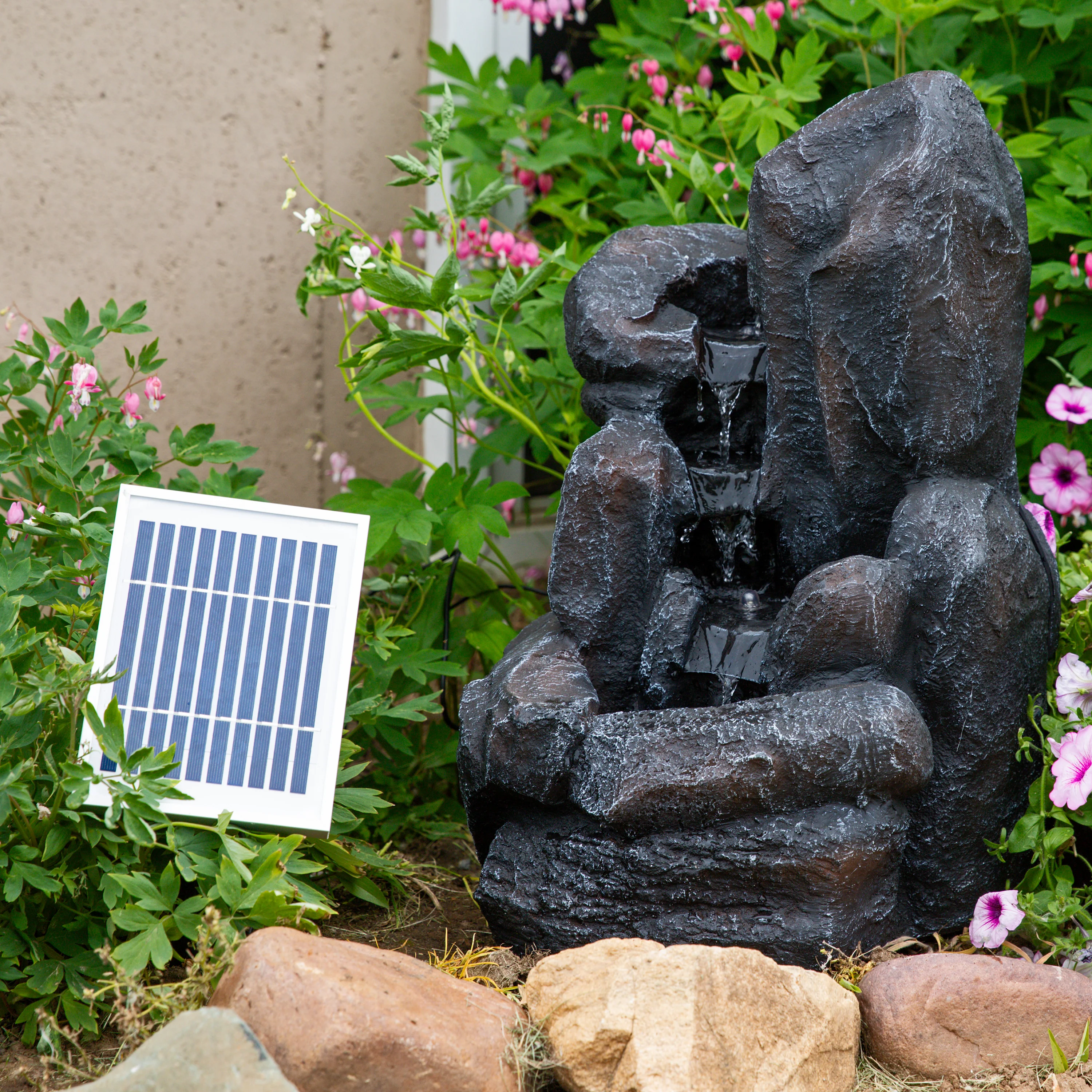 Sunnydaze Rock Falls Solar Outdoor Water Fountain with Battery Backup