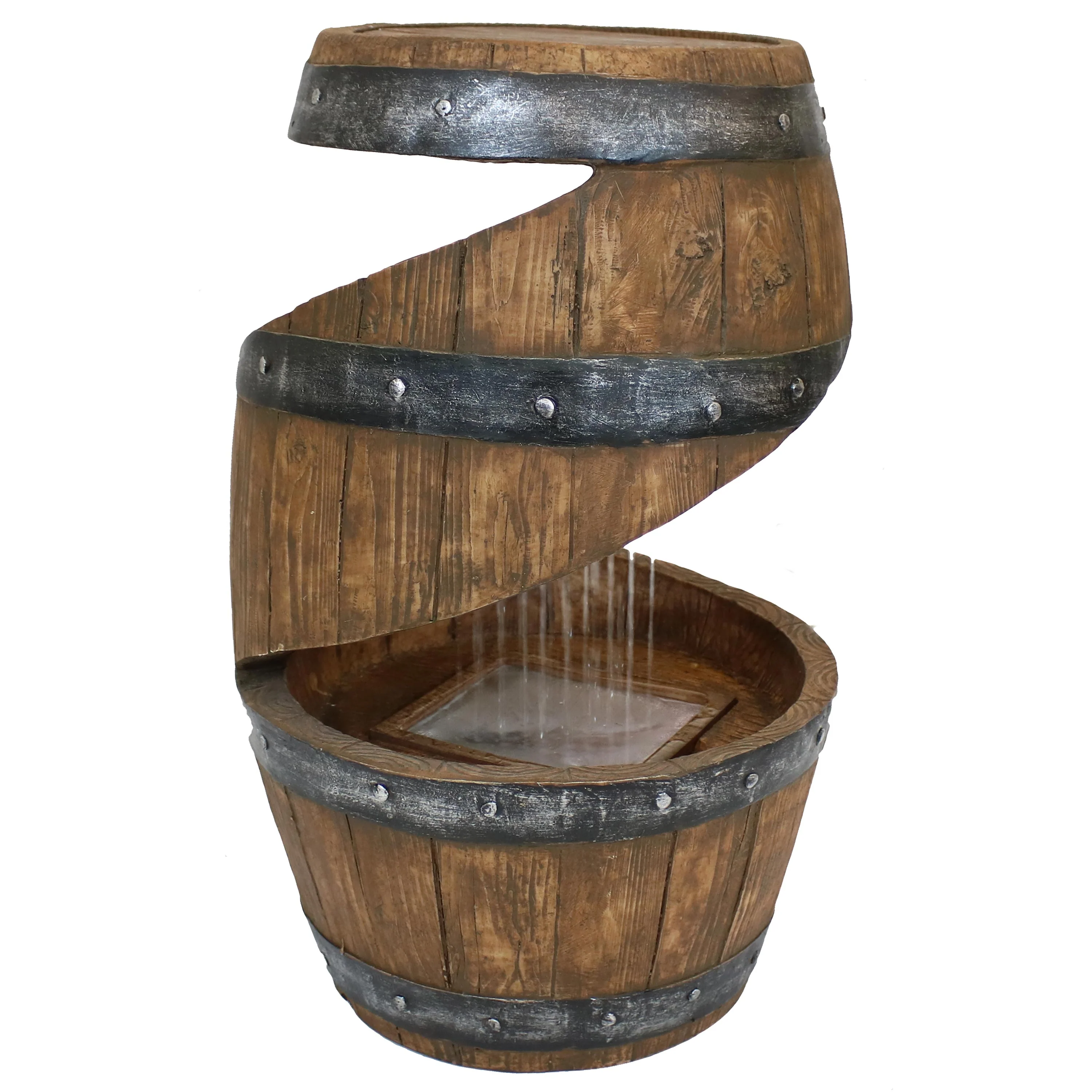 Sunnydaze Spiraling Barrel Outdoor Water Fountain with LED Light - 25