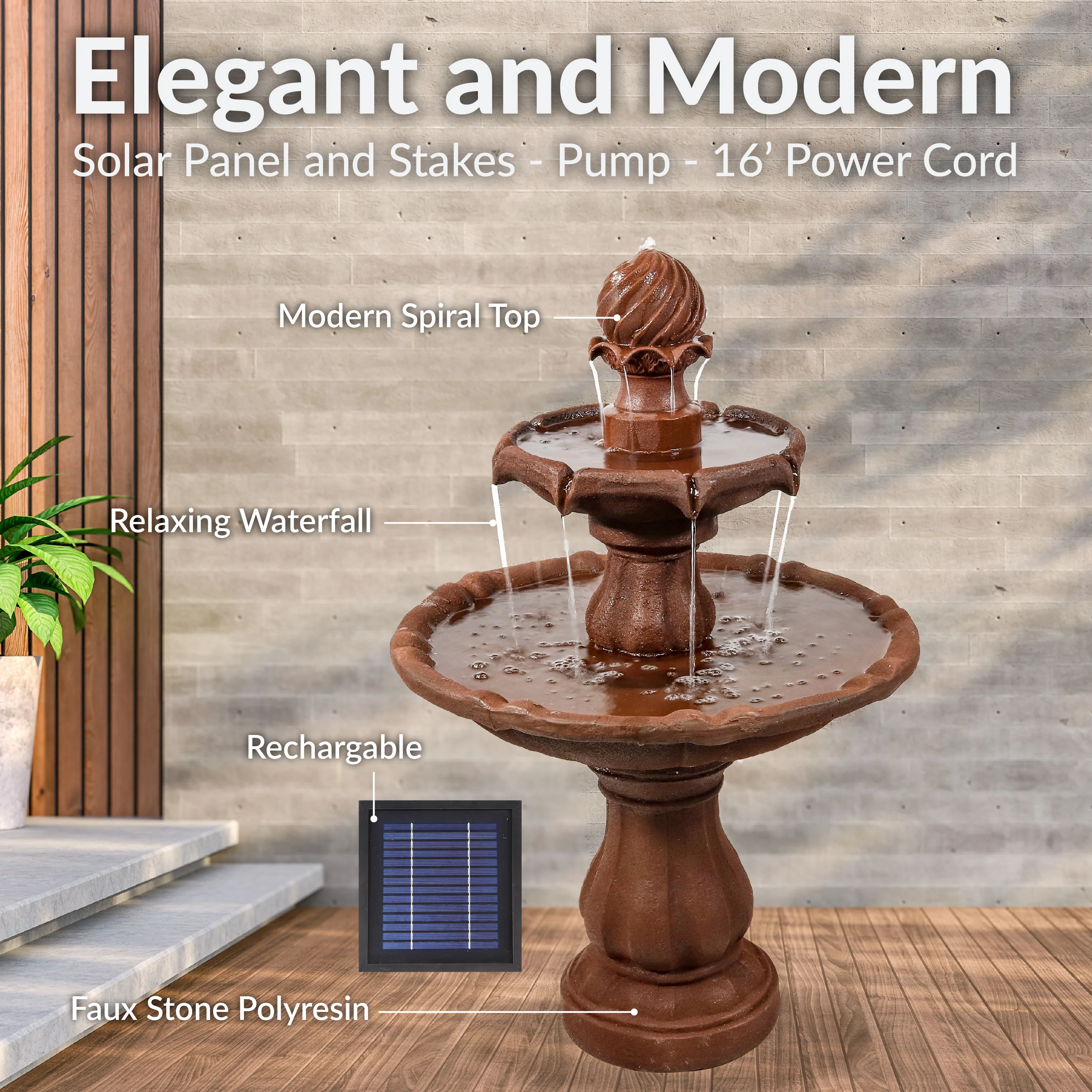 Sunnydaze 2-Tier Solar Outdoor Water Fountain with Battery Backup