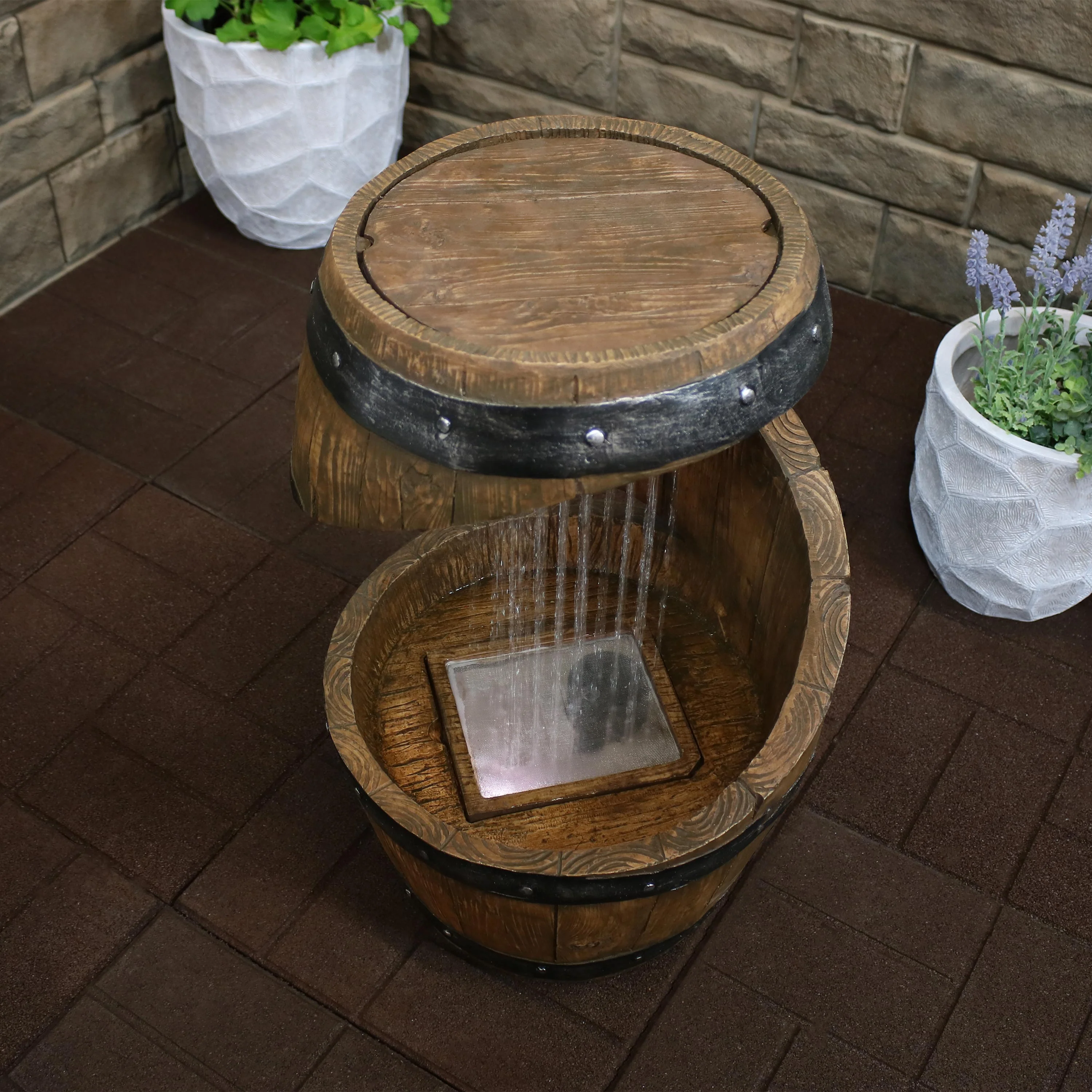 Sunnydaze Spiraling Barrel Outdoor Water Fountain with LED Light - 25