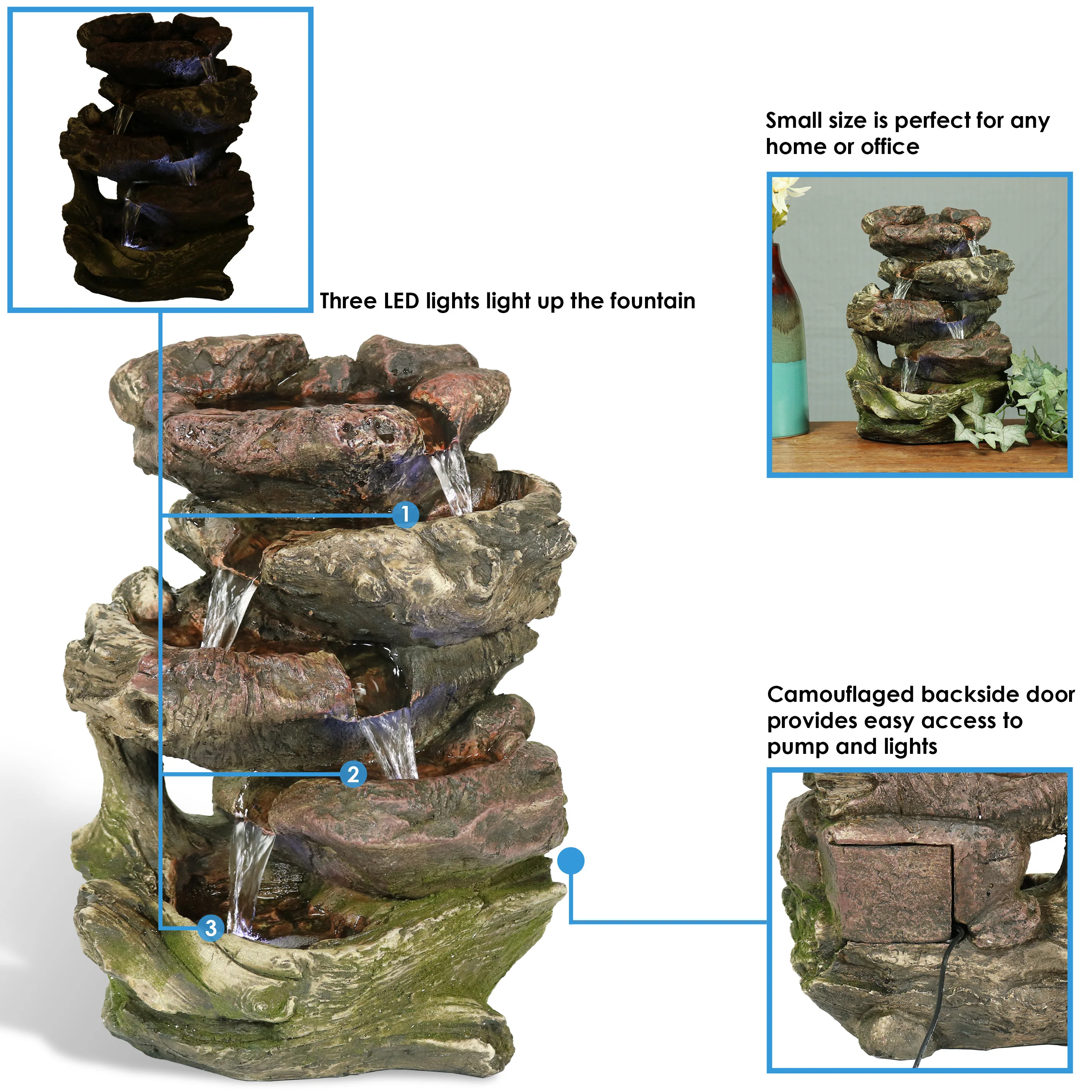 Sunnydaze 5-Step Rock Falls Tabletop Water Fountain with LED Lights - 14