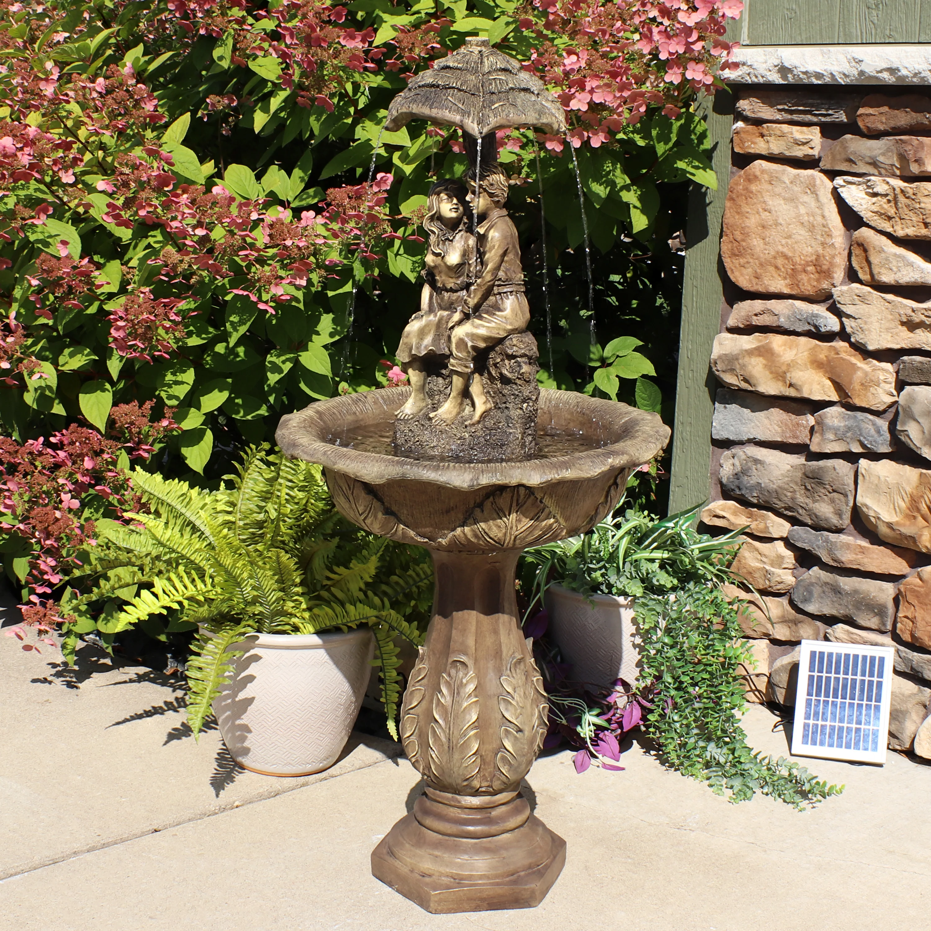 Sunnydaze Lovers Umbrella Solar-Powered Fountain with Battery Backup and Lights - 43