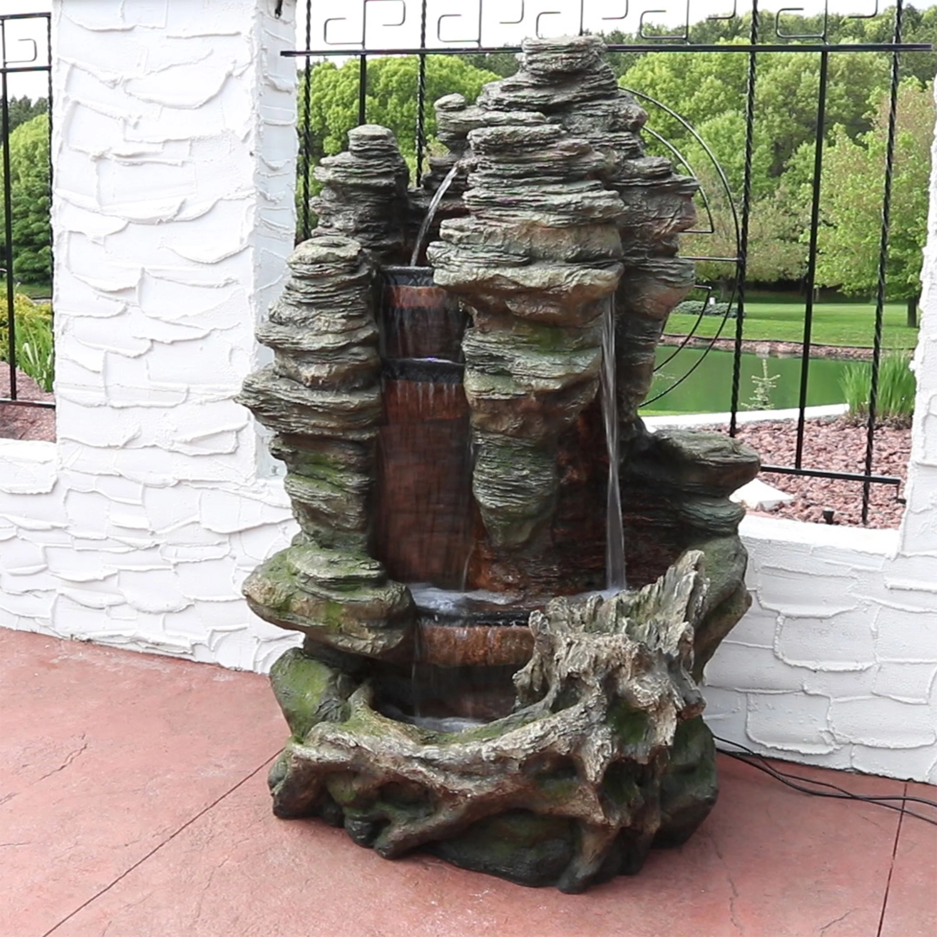 Sunnydaze Flat Rock Summit Large Outdoor Waterfall Fountain with LED Lights - 61