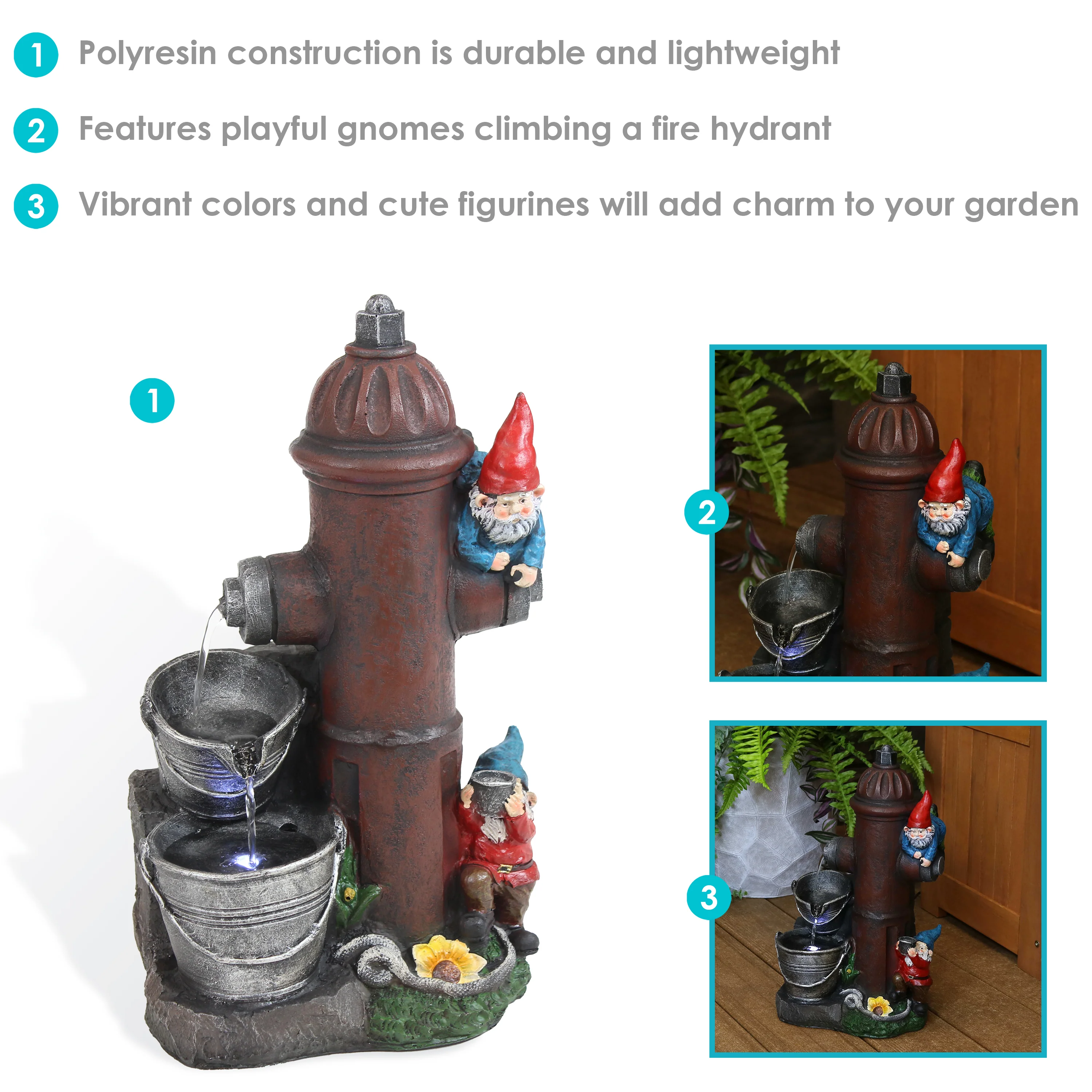 Sunnydaze Fire Hydrant Gnomes Outdoor Water Fountain with LED Light - 16