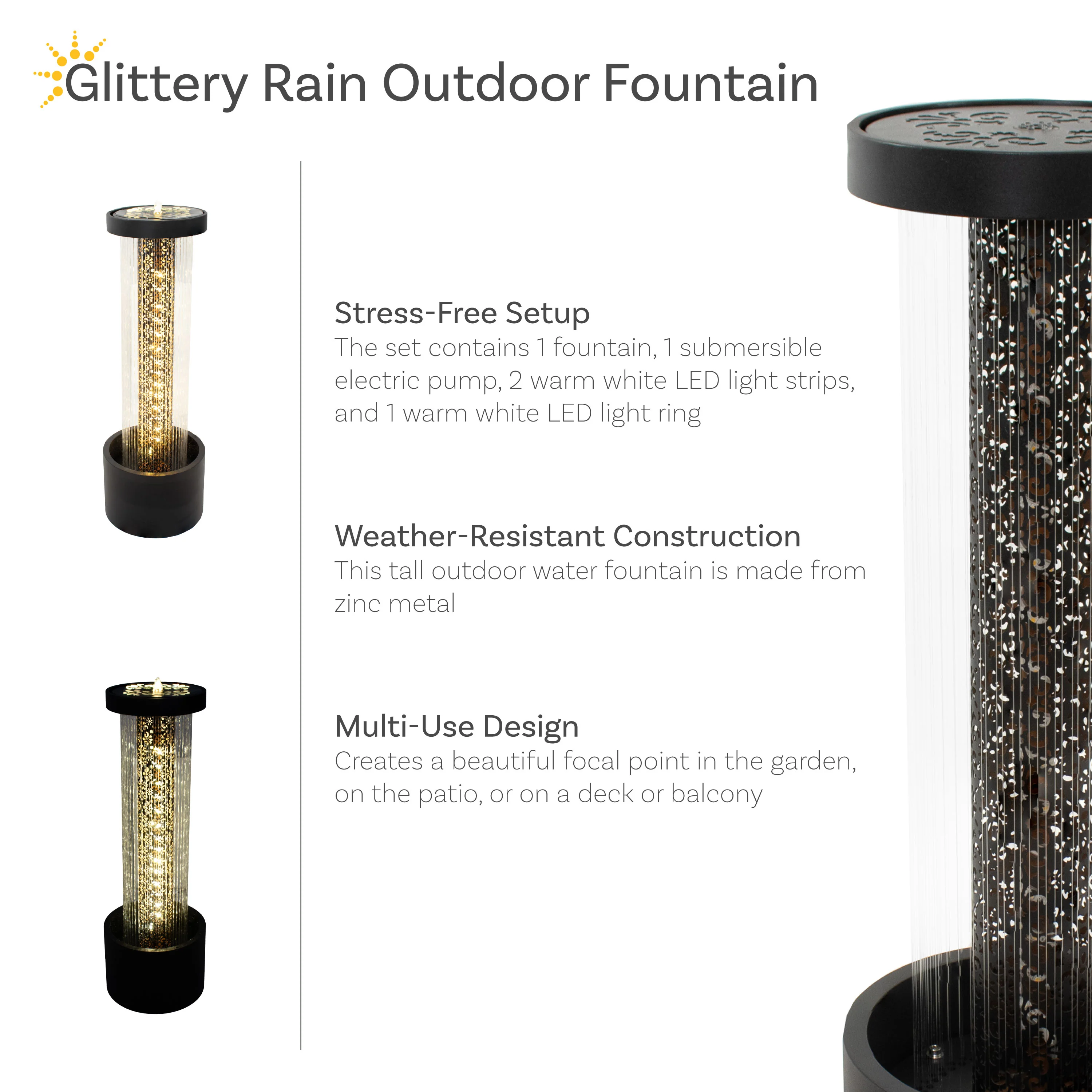 Sunnydaze Glittering Rain Outdoor Water Fountain with Lights - 41.25