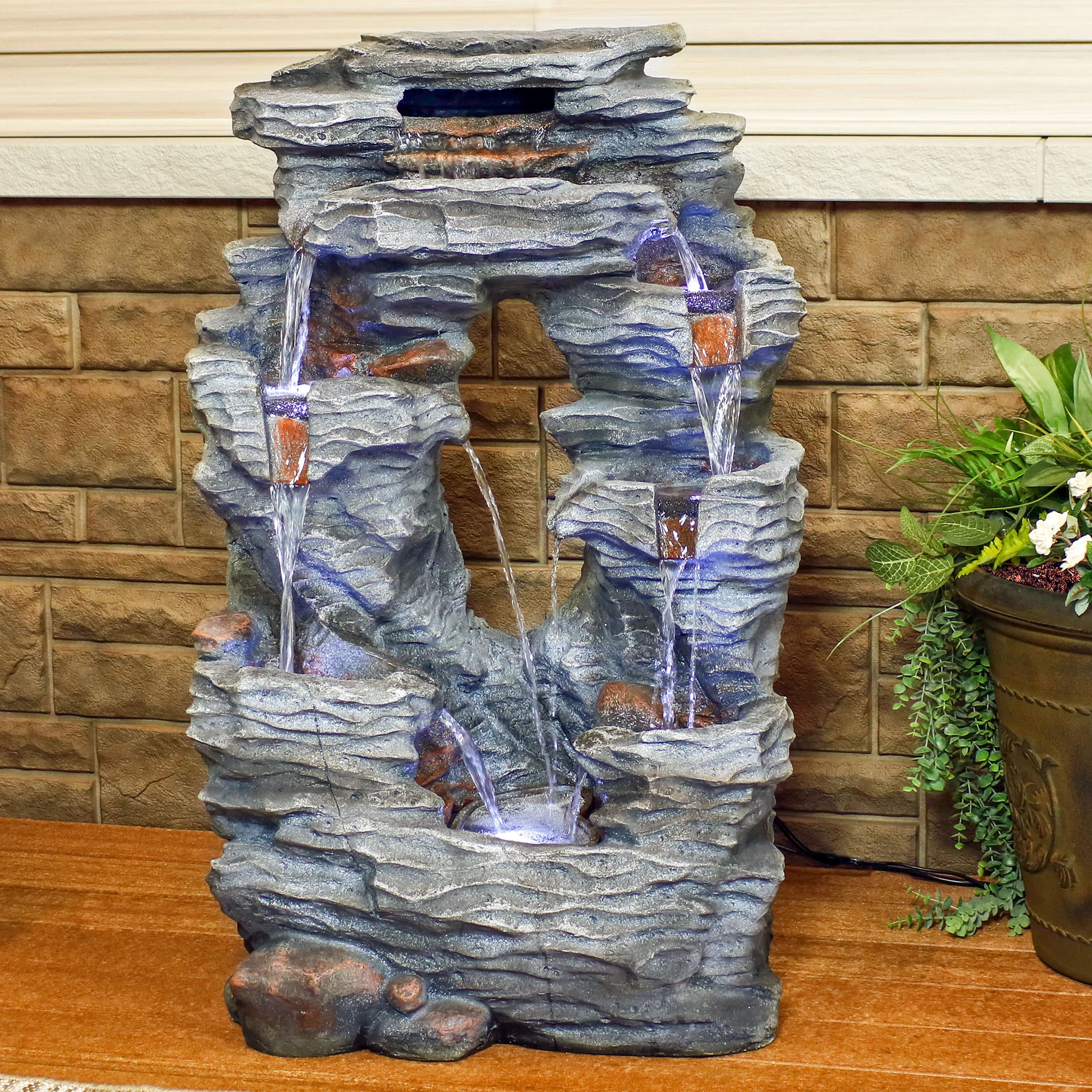 Sunnydaze Dual Cascading Rock Falls Water Fountain with LED Lights and Electric Submersible Pump - 39