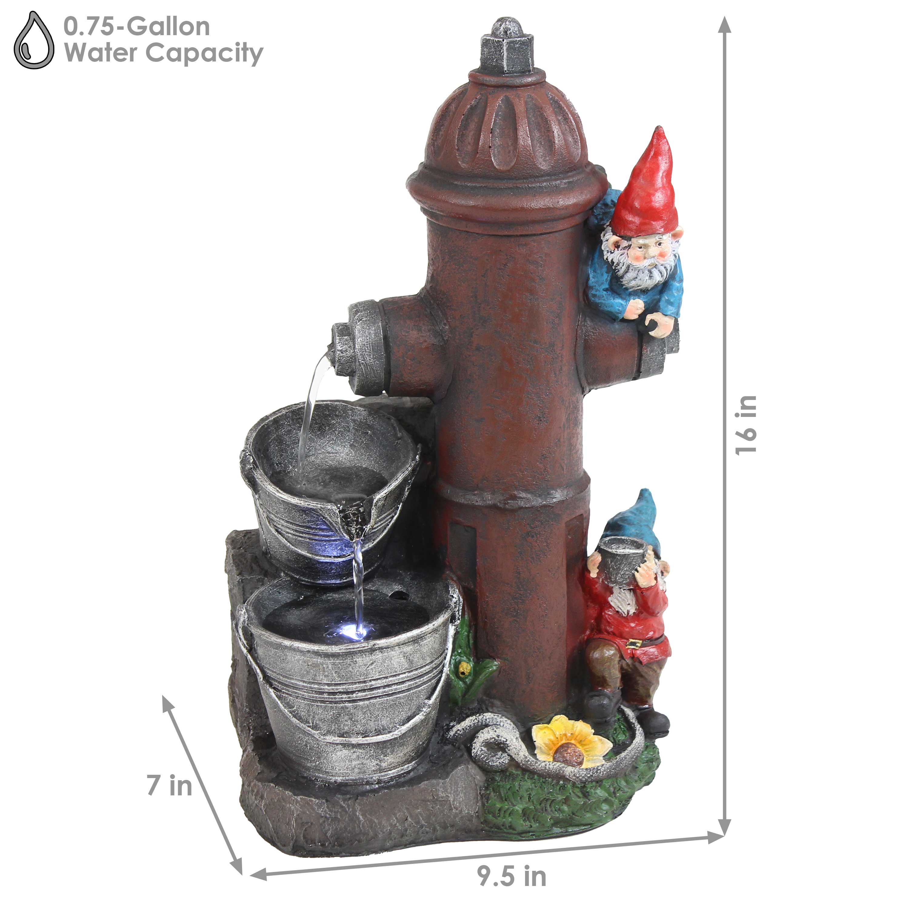 Sunnydaze Fire Hydrant Gnomes Outdoor Water Fountain with LED Light - 16