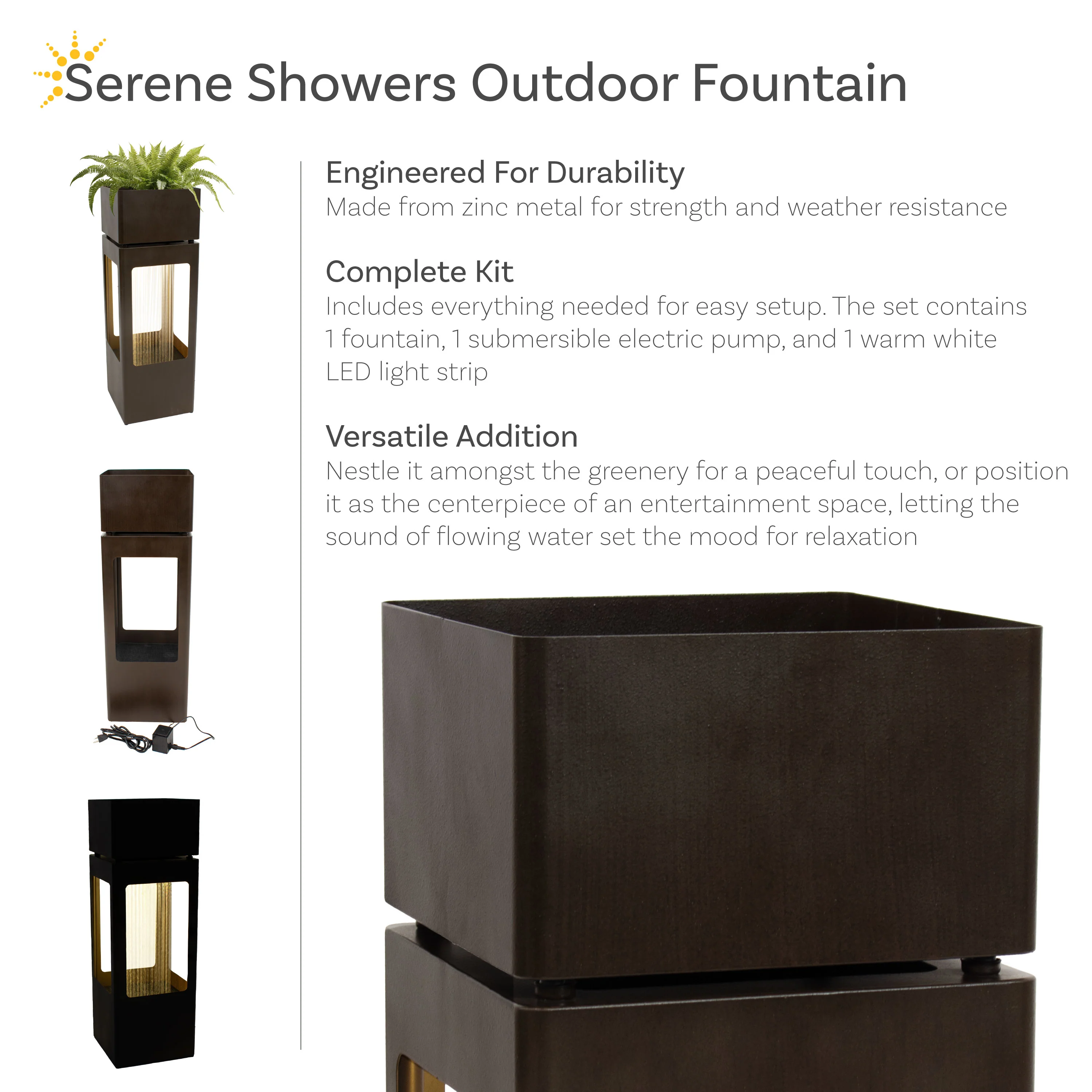Sunnydaze Serene Showers Outdoor Water Fountain with Lights - 36