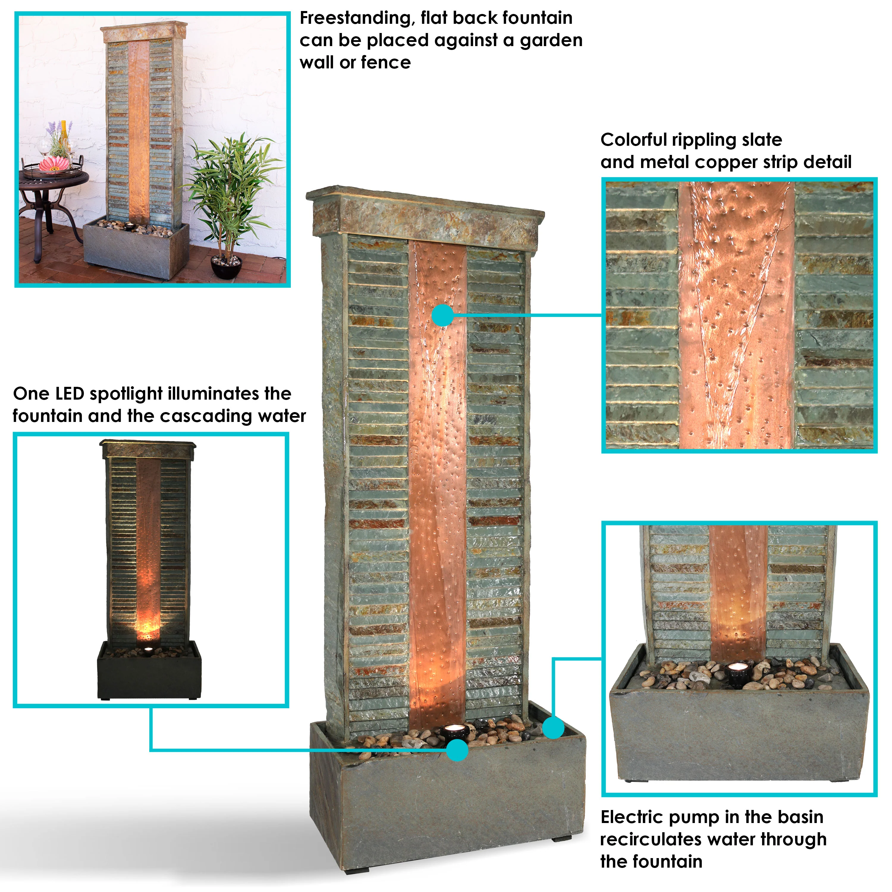 Sunnydaze Rippled Slate Water Fountain with LED Lights - 48