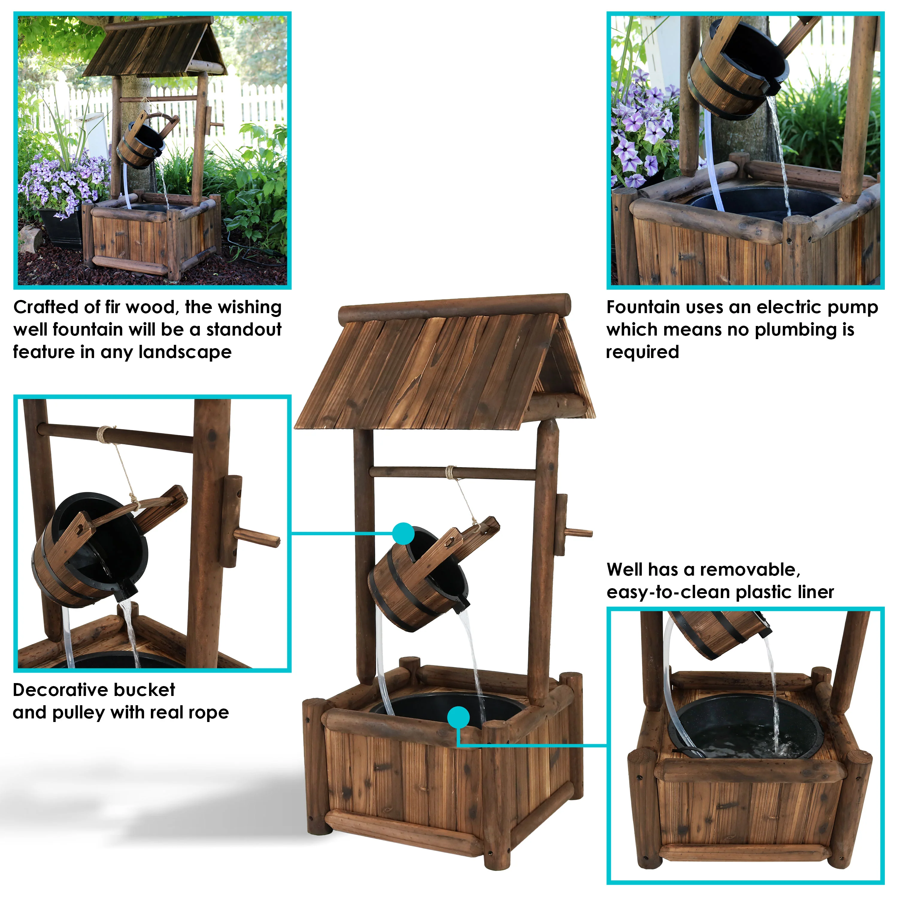 Sunnydaze Rustic Wood Wishing Well Outdoor Fountain with Liner - 46