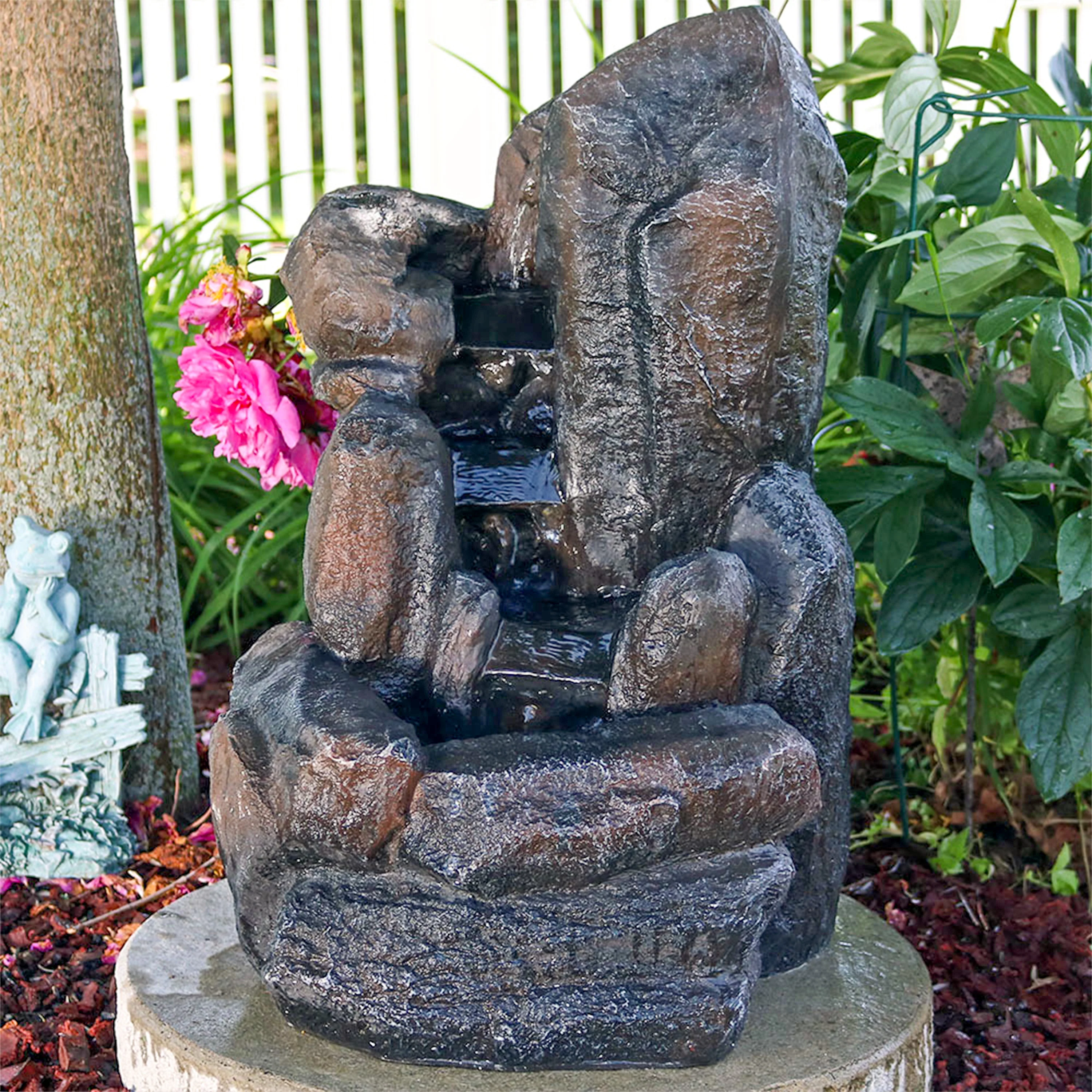 Sunnydaze Rock Falls Solar Outdoor Water Fountain with Battery Backup