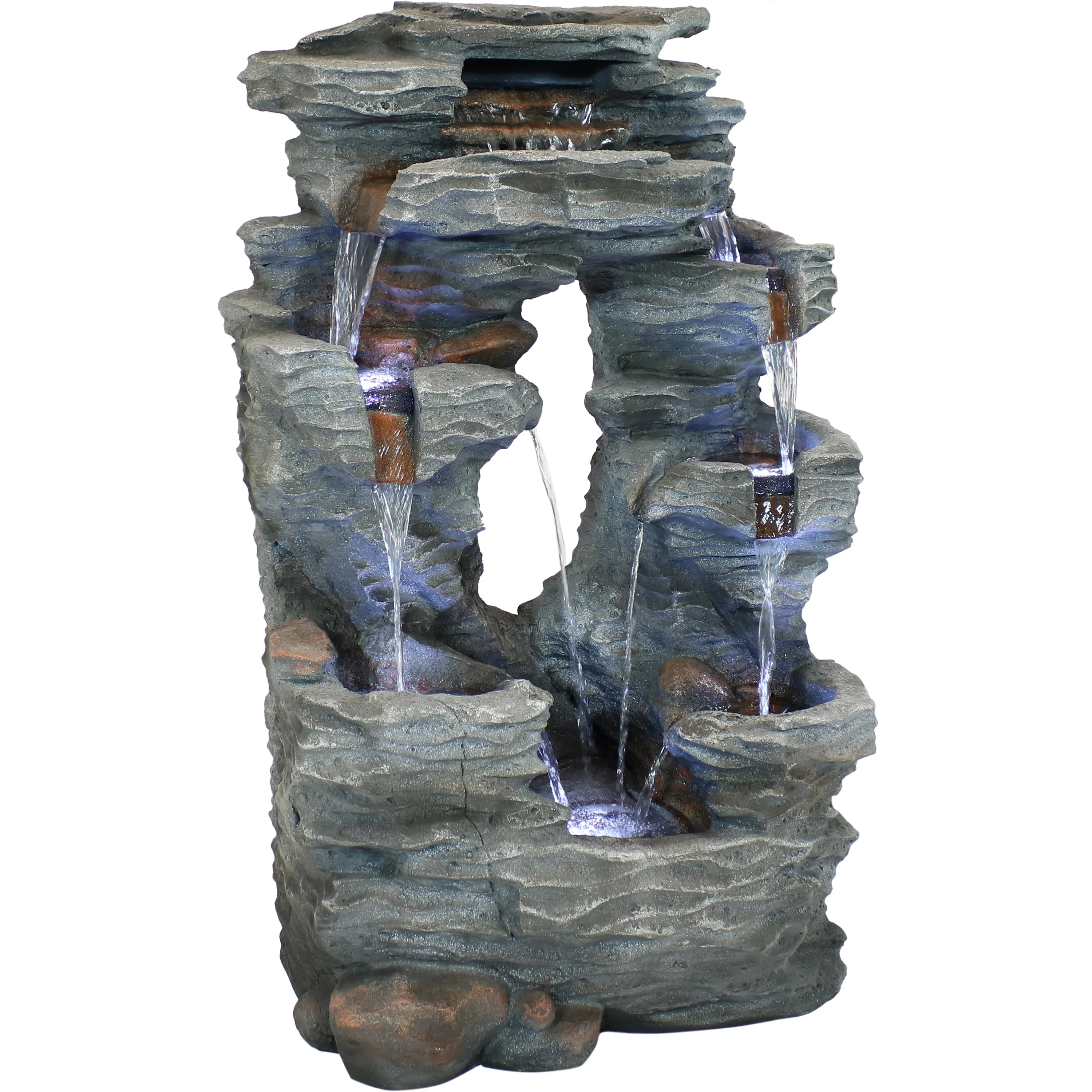 Sunnydaze Dual Cascading Rock Falls Water Fountain with LED Lights and Electric Submersible Pump - 39