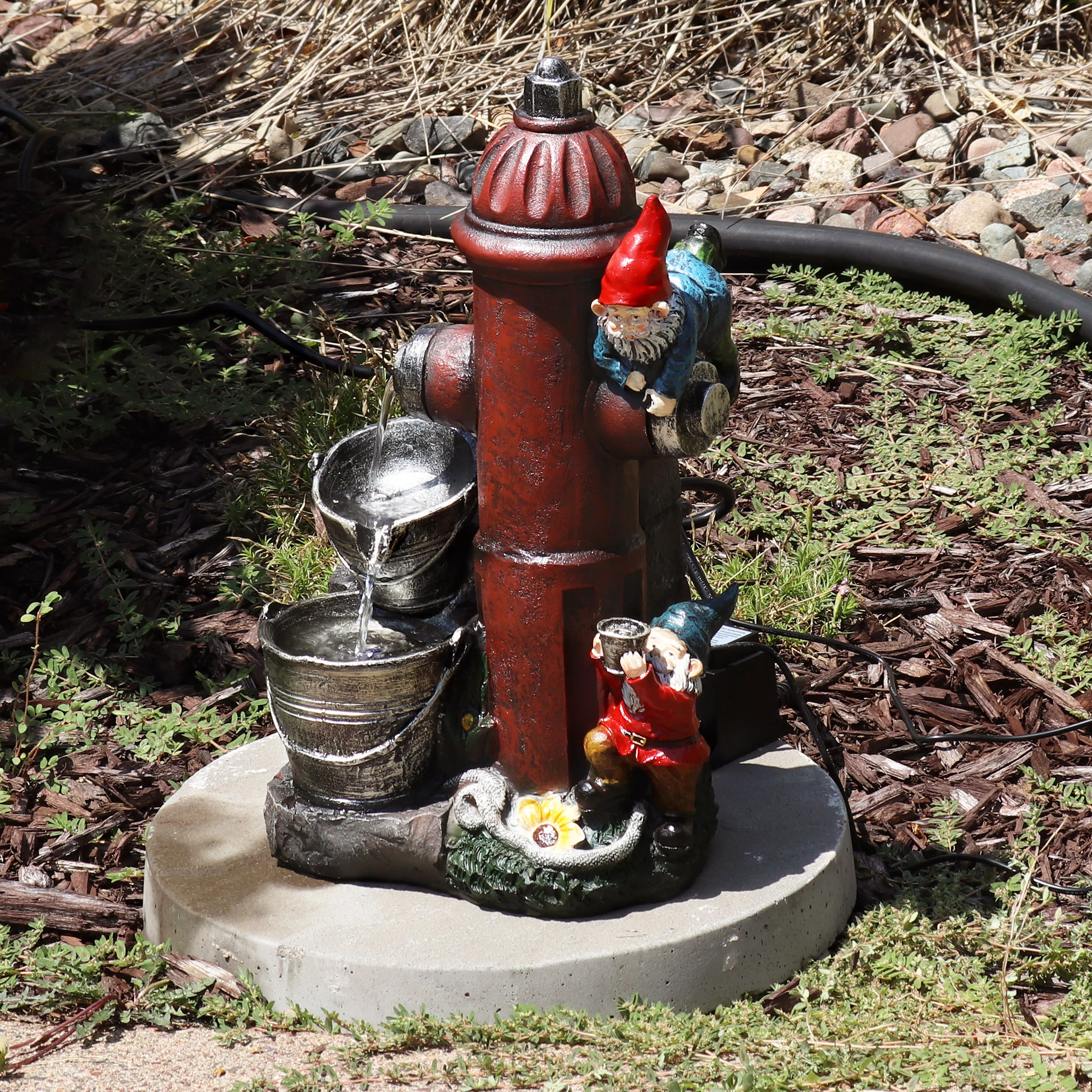 Sunnydaze Fire Hydrant Gnomes Outdoor Water Fountain with LED Light - 16