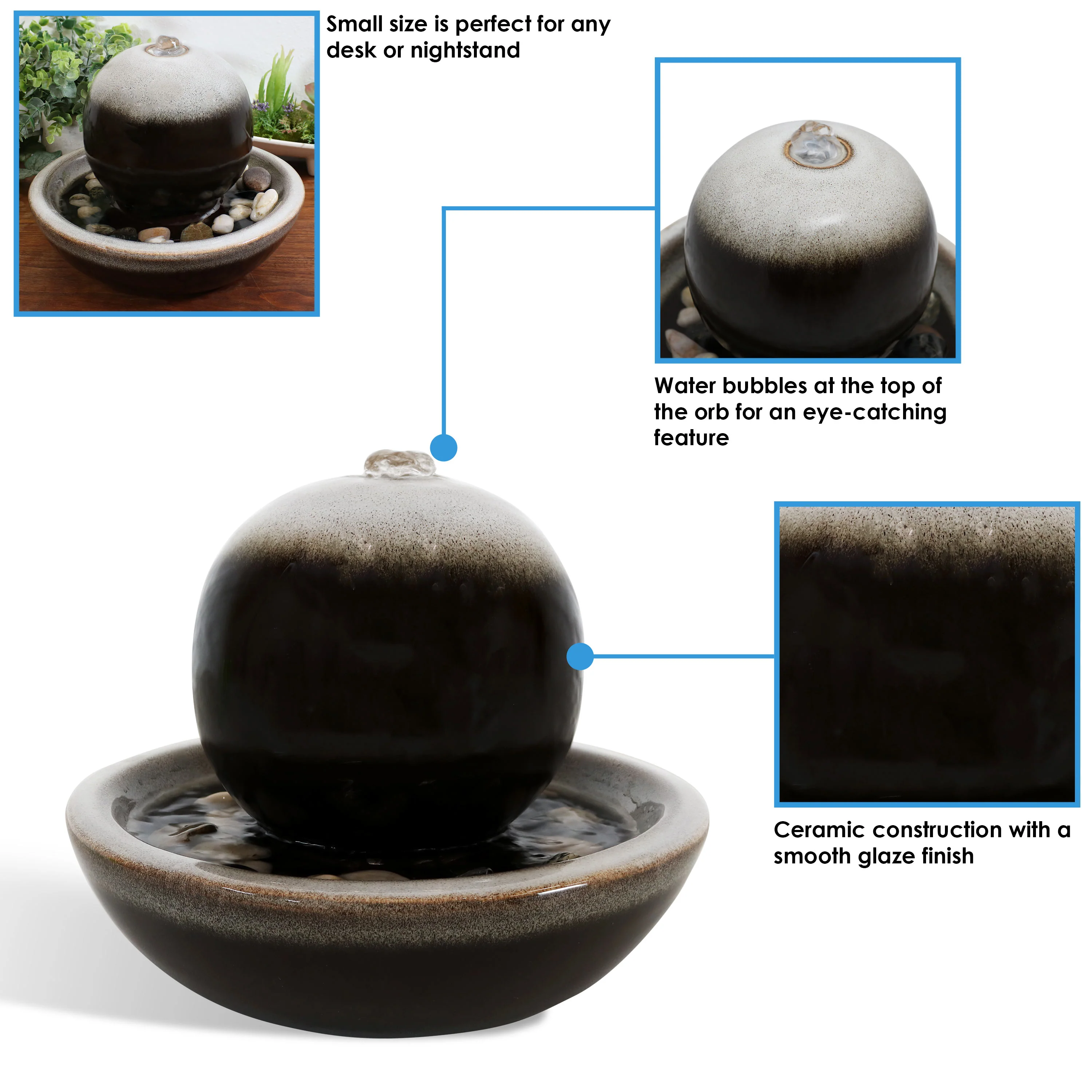 Sunnydaze Ceramic Tabletop Water Fountain with Modern Orb Design - 7