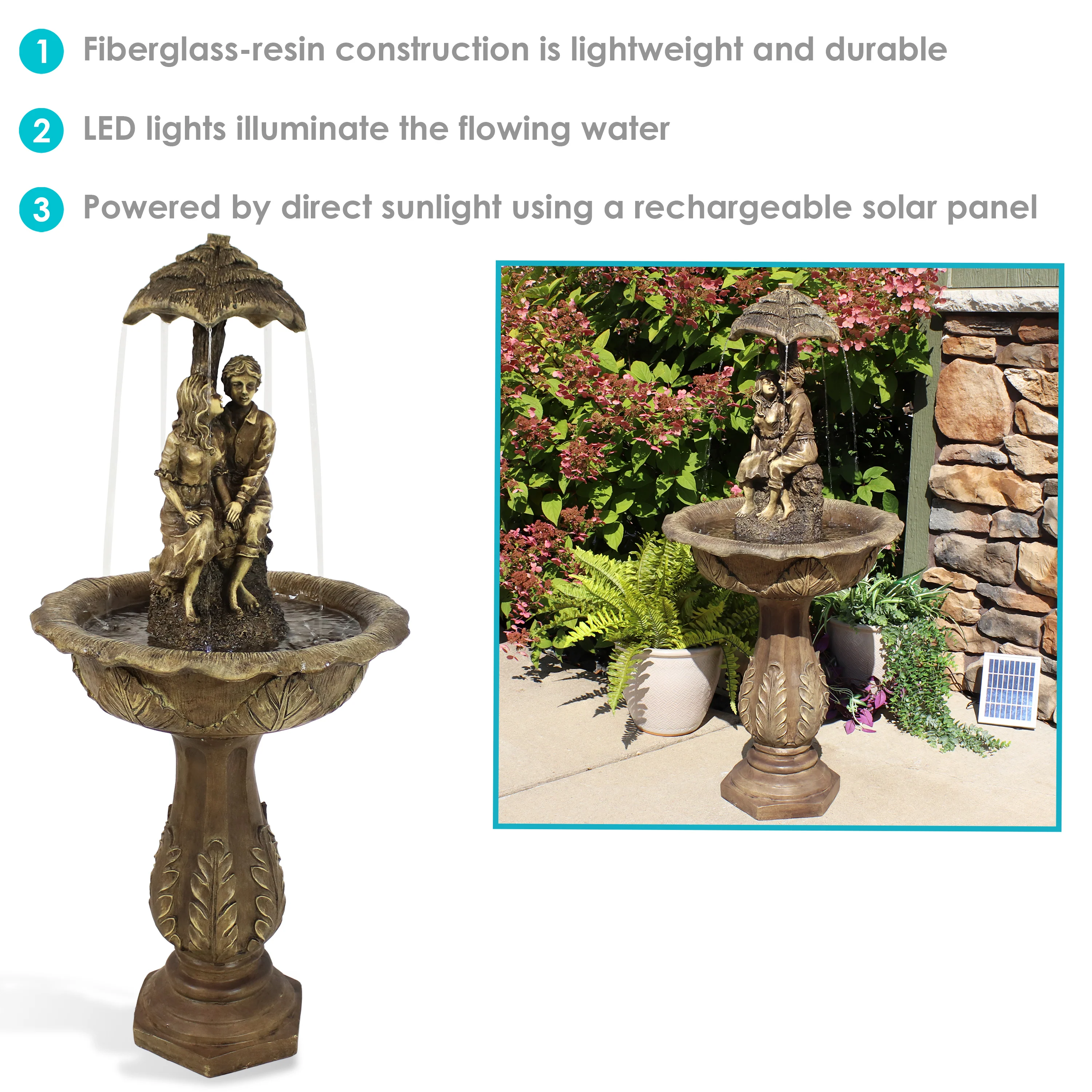 Sunnydaze Lovers Umbrella Solar-Powered Fountain with Battery Backup and Lights - 43