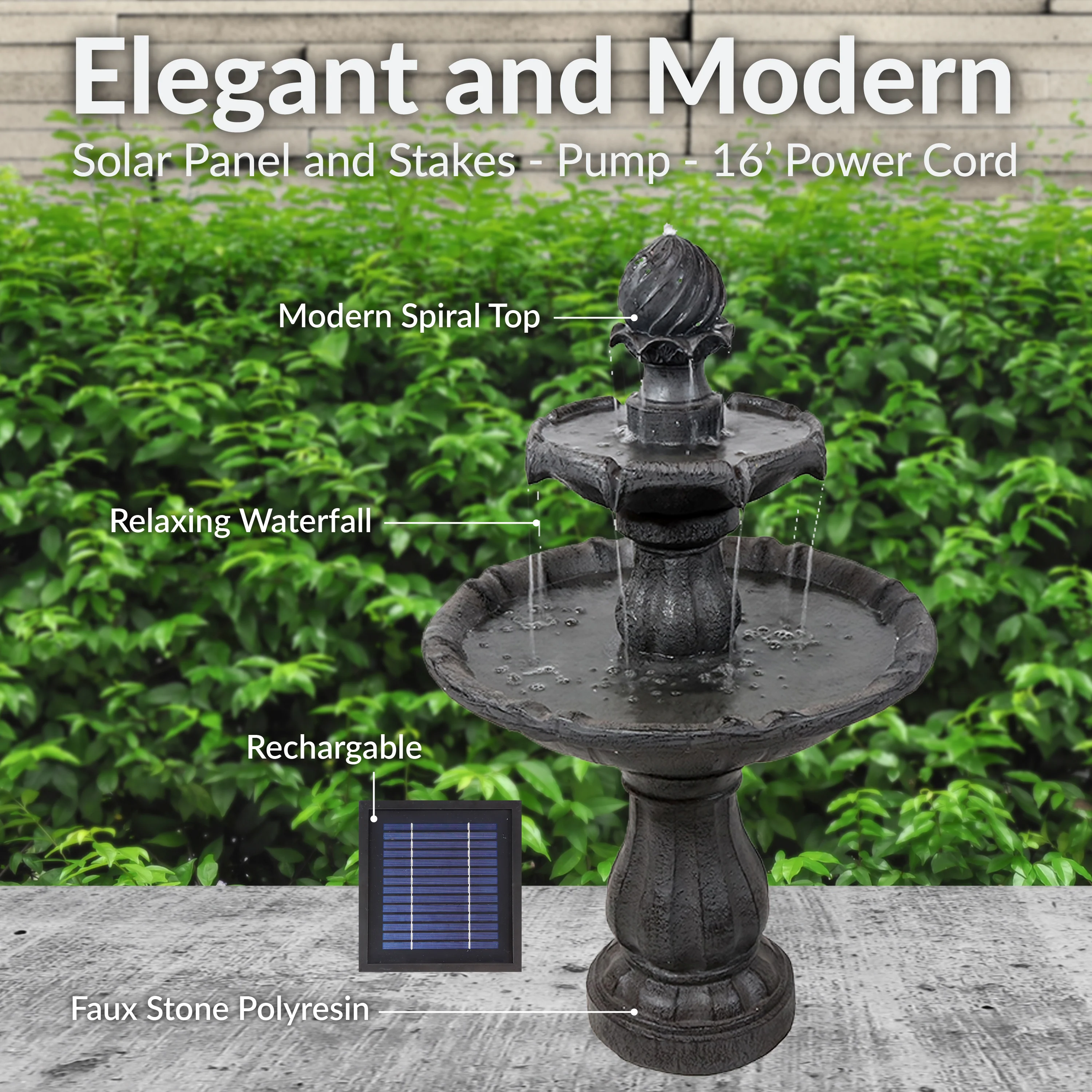 Sunnydaze 2-Tier Solar Outdoor Water Fountain with Battery Backup