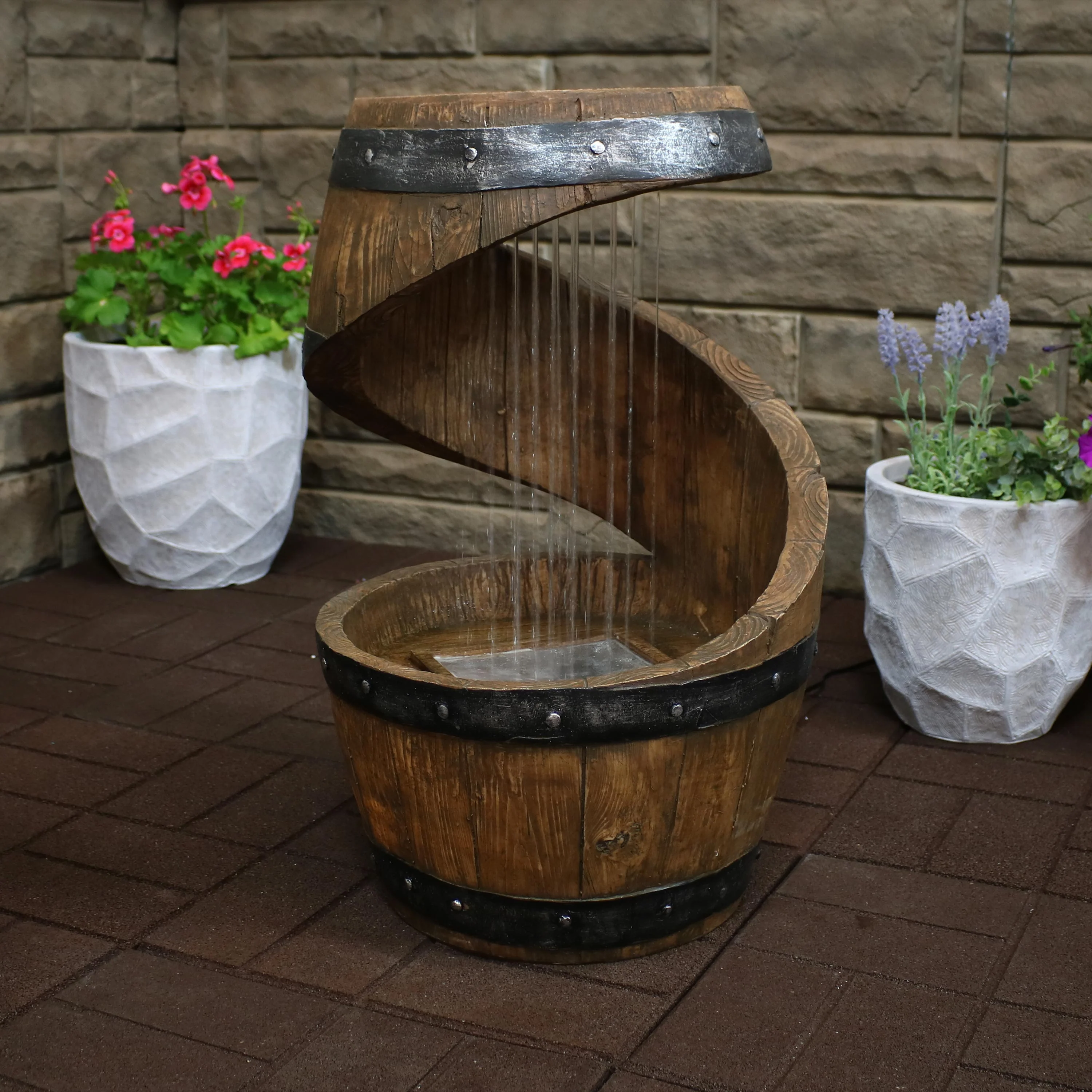Sunnydaze Spiraling Barrel Outdoor Water Fountain with LED Light - 25