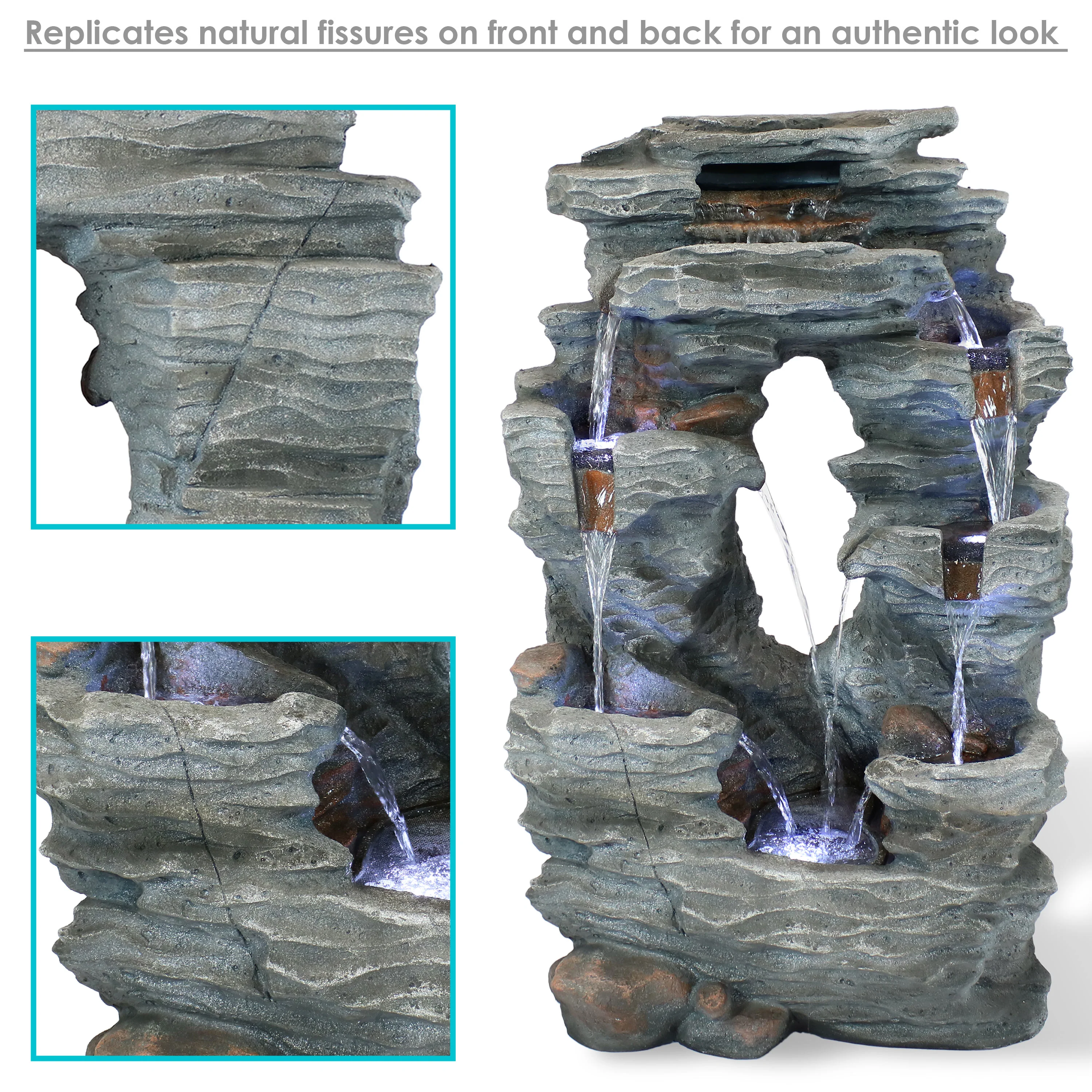 Sunnydaze Dual Cascading Rock Falls Water Fountain with LED Lights and Electric Submersible Pump - 39