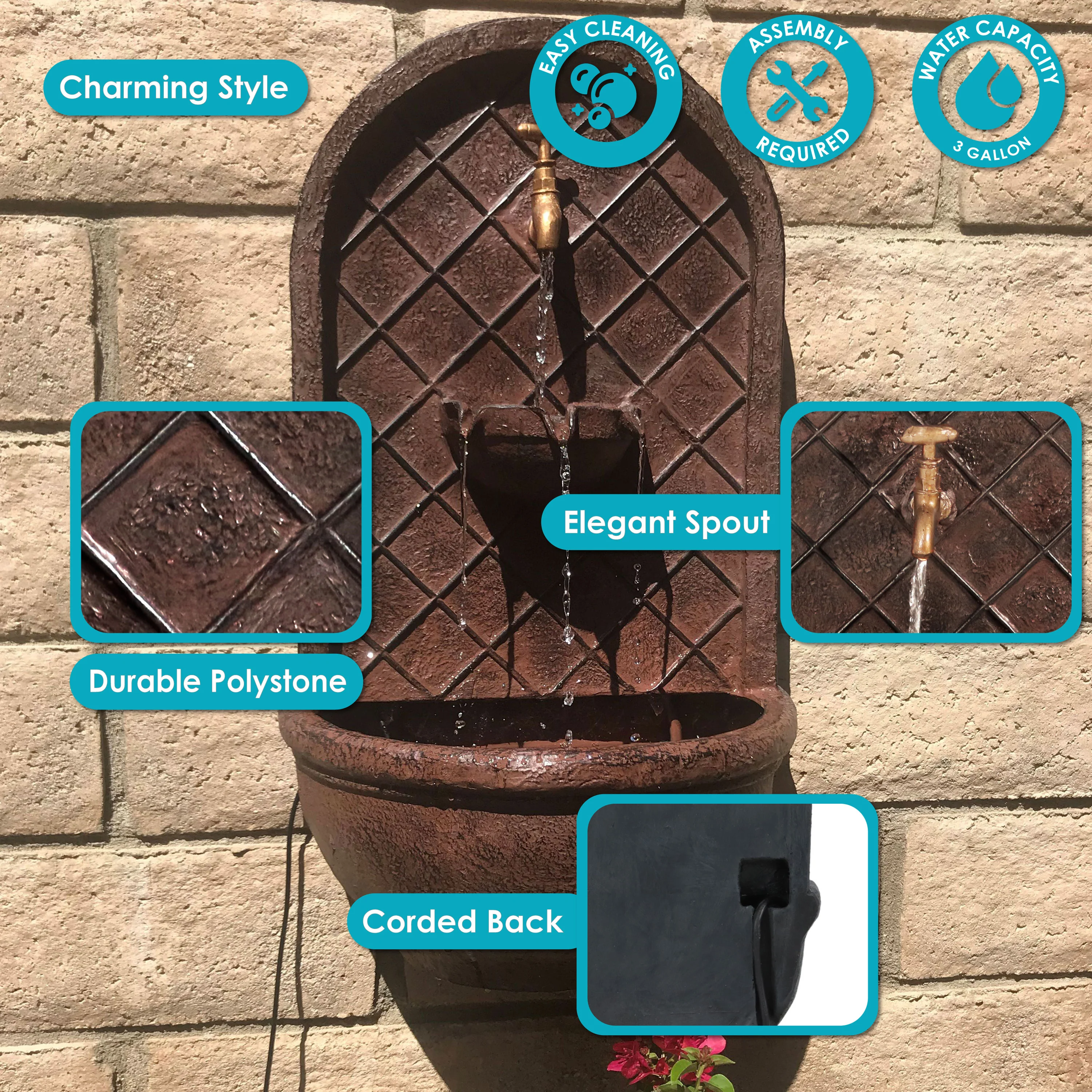 Sunnydaze Messina Solar Wall Fountain with Battery Backup - 26