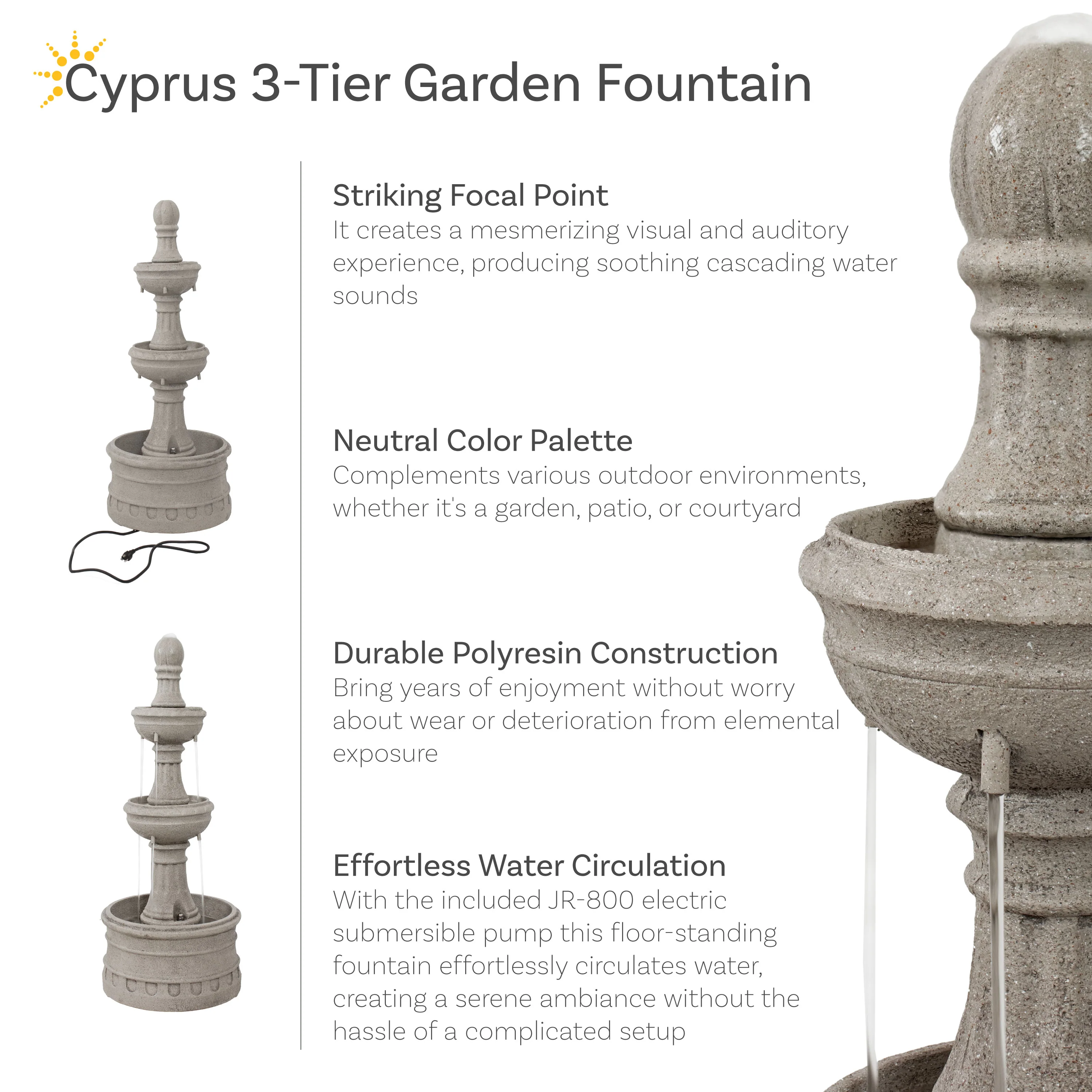Sunnydaze Cyprus 3-Tier Polyresin Outdoor Water Fountain - 39
