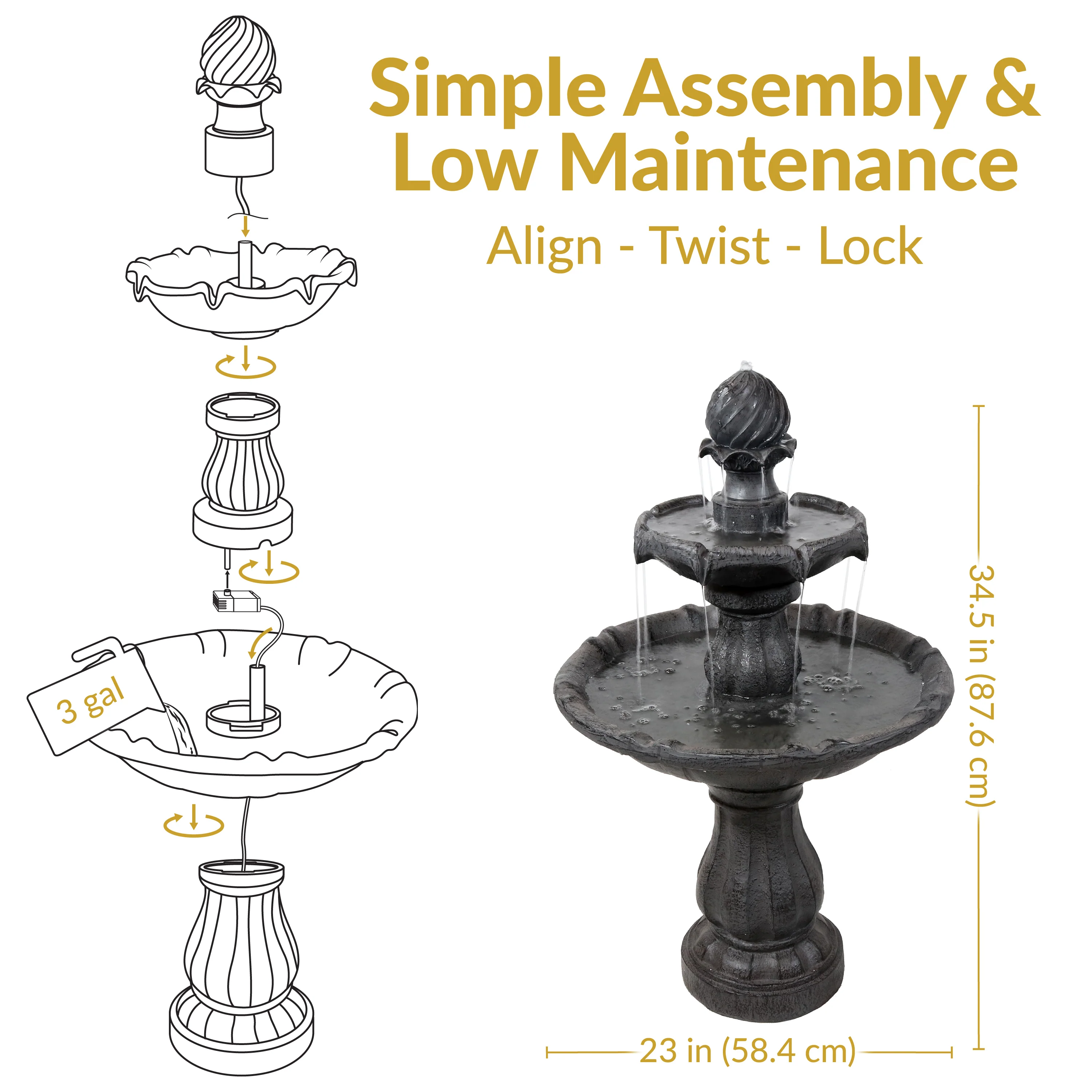 Sunnydaze 2-Tier Solar Outdoor Water Fountain with Battery Backup