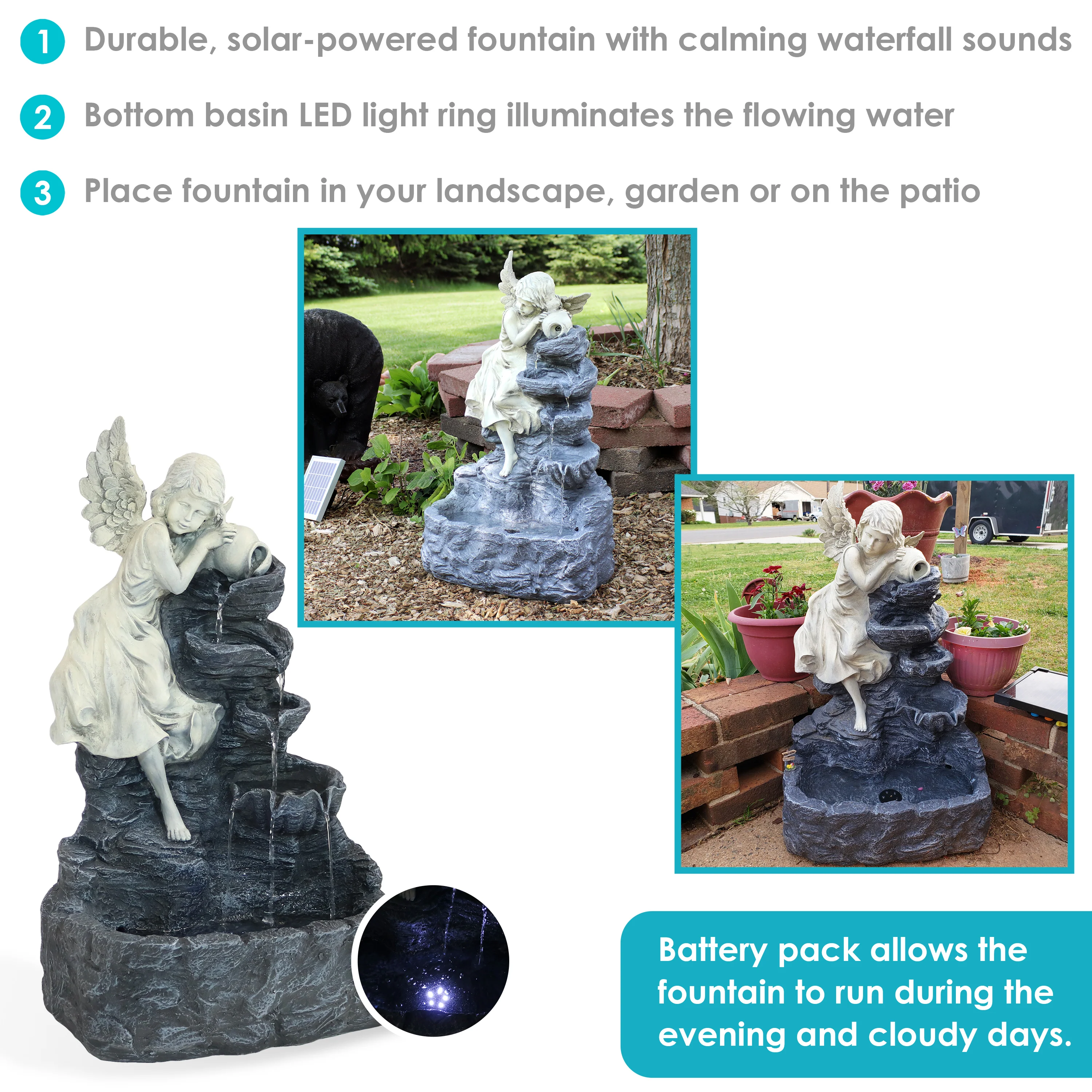 Sunnydaze Angel Falls Solar Fountain with Battery Backup - 29