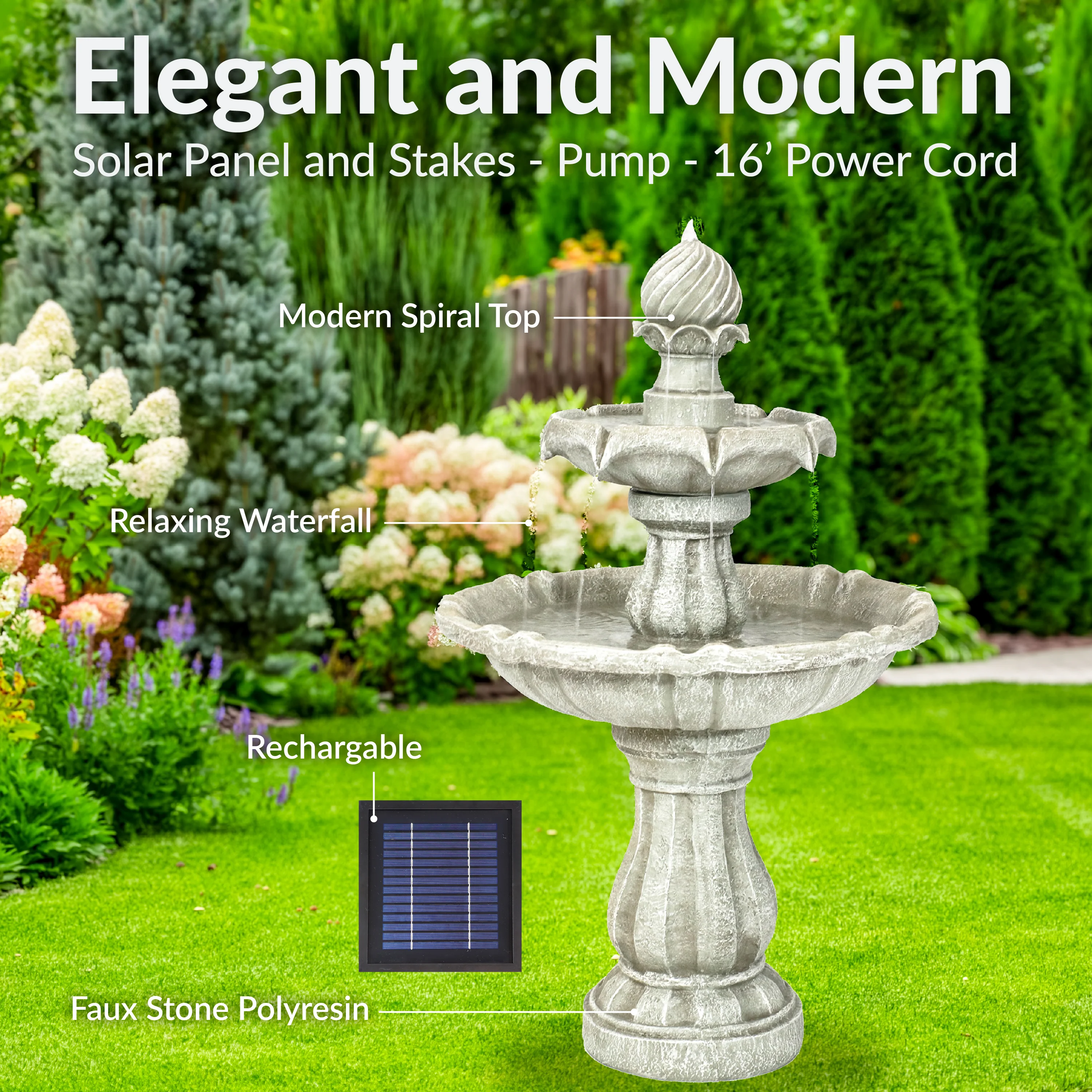 Sunnydaze 2-Tier Solar Outdoor Water Fountain with Battery Backup