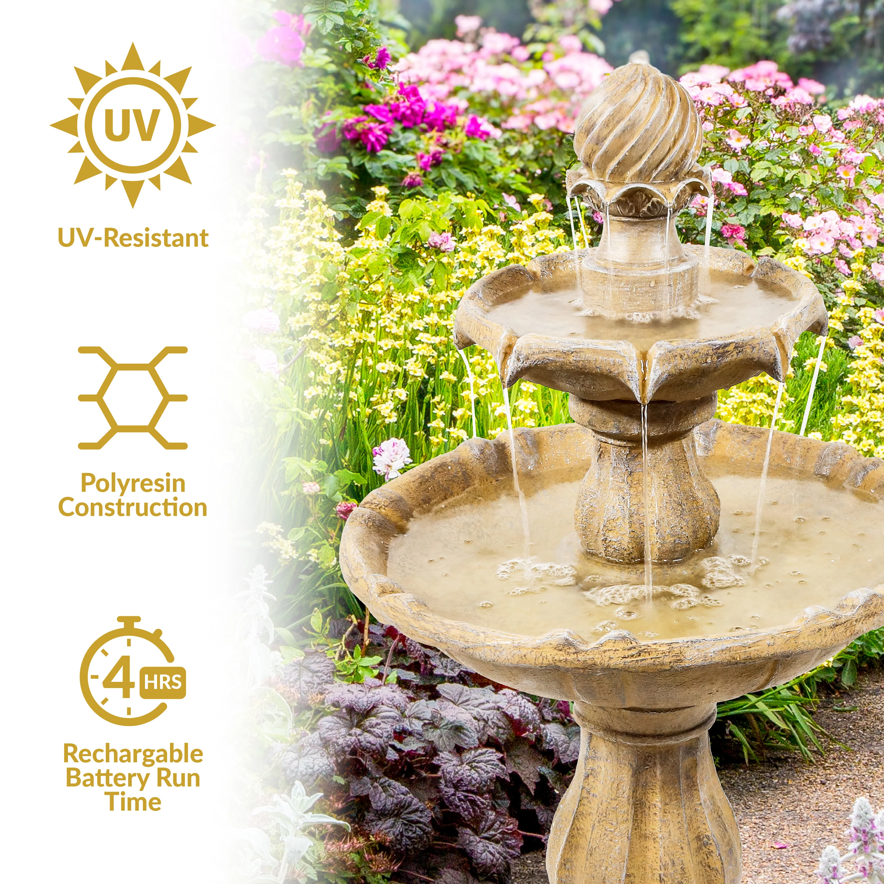 Sunnydaze 2-Tier Solar Outdoor Water Fountain with Battery Backup