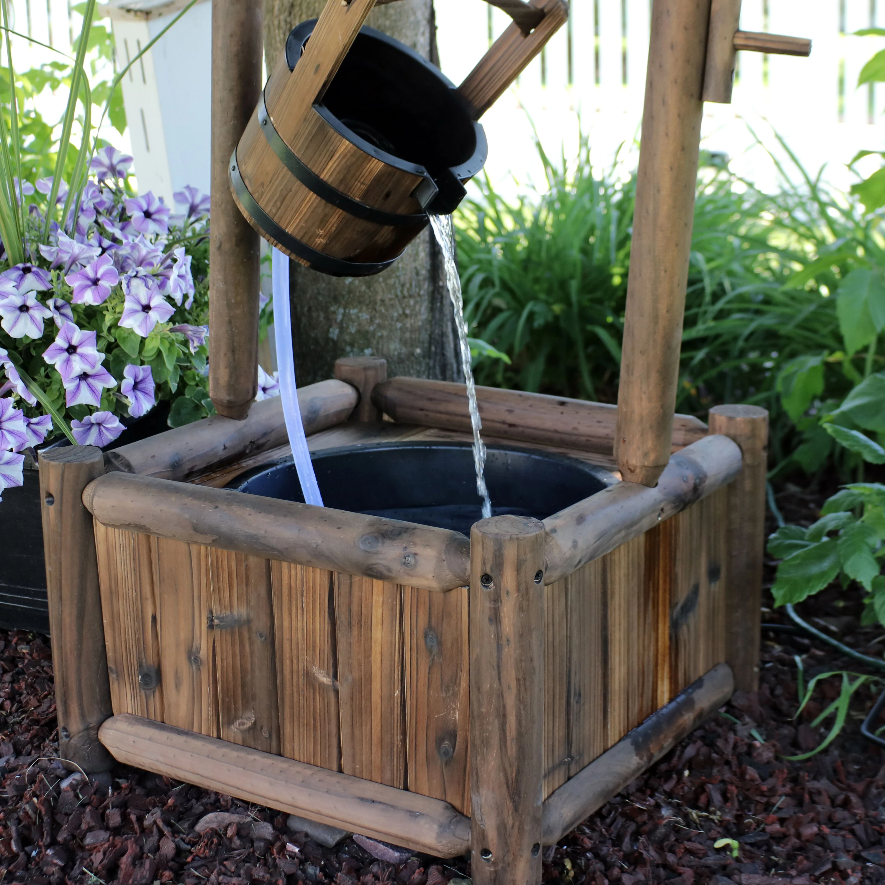 Sunnydaze Rustic Wood Wishing Well Outdoor Fountain with Liner - 46