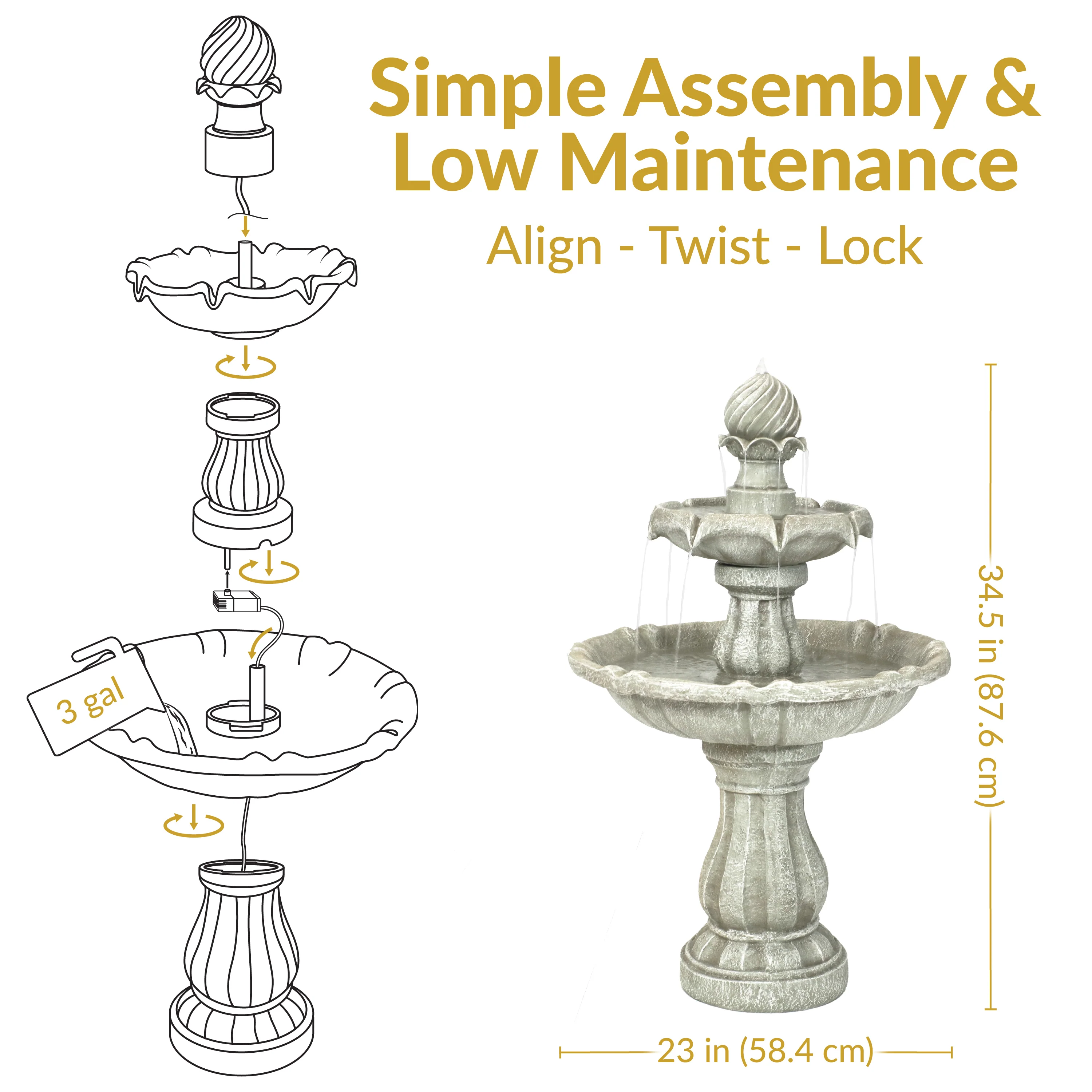 Sunnydaze 2-Tier Solar Outdoor Water Fountain with Battery Backup
