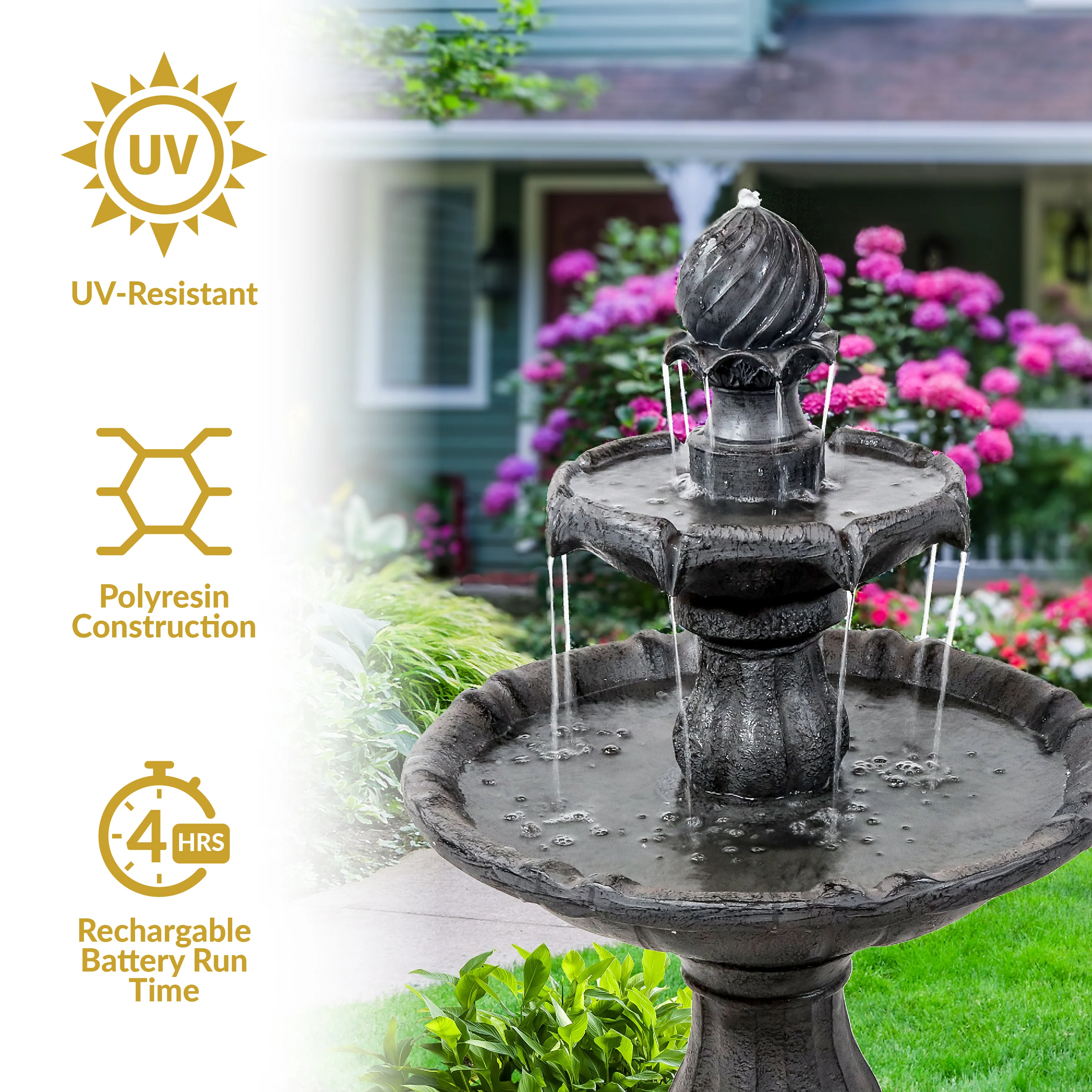 Sunnydaze 2-Tier Solar Outdoor Water Fountain with Battery Backup