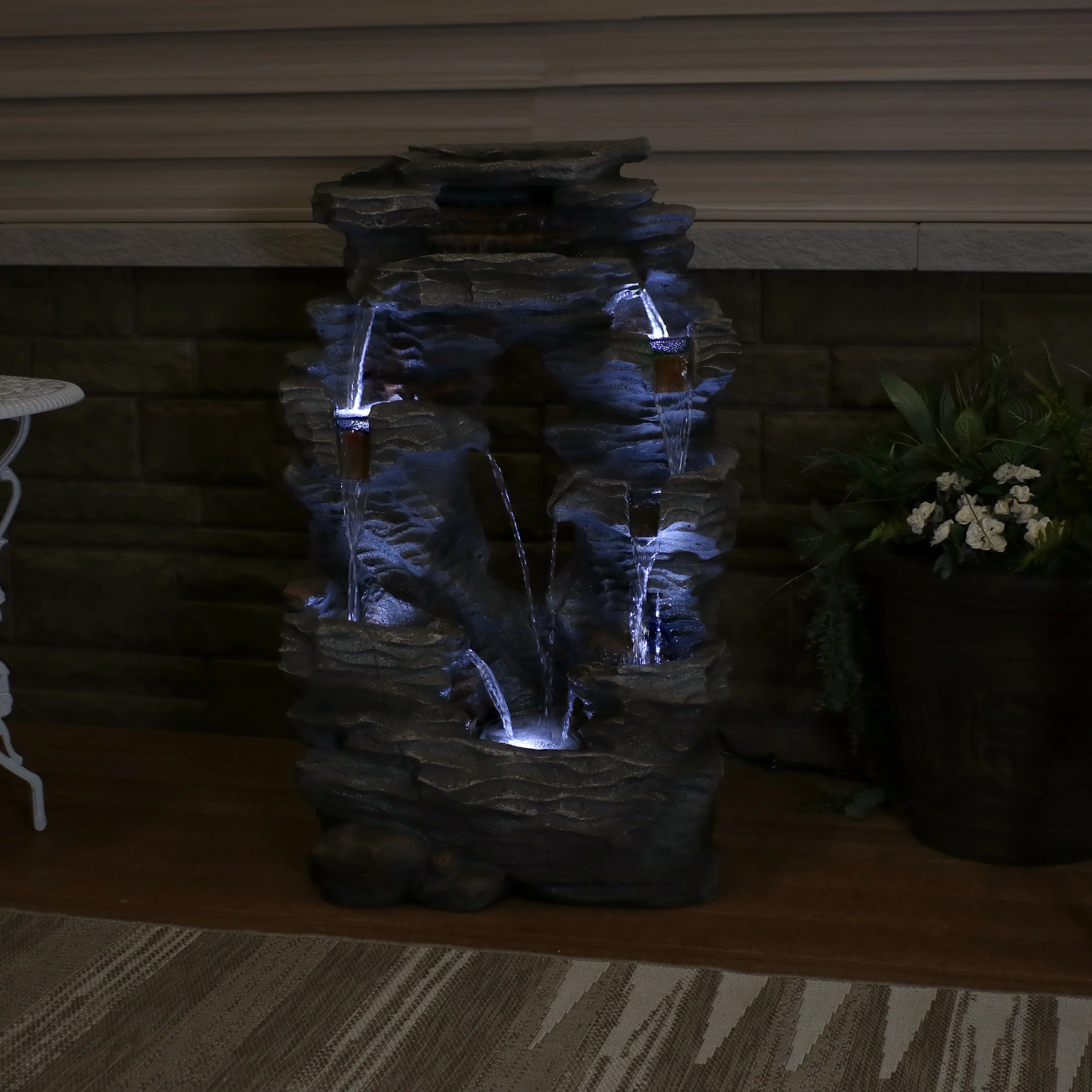 Sunnydaze Dual Cascading Rock Falls Water Fountain with LED Lights and Electric Submersible Pump - 39
