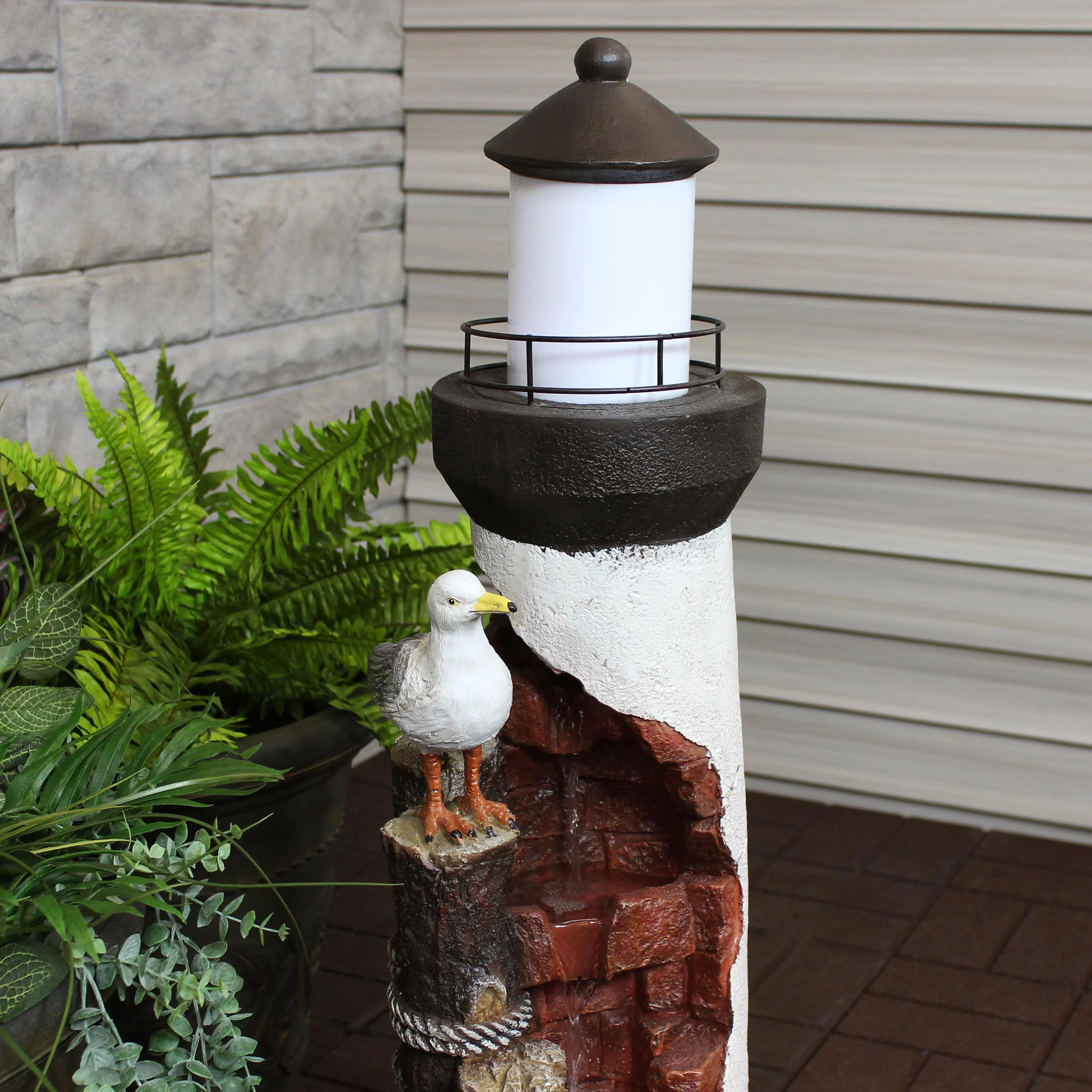 Sunnydaze Gull's Cove Outdoor Lighthouse Fountain with LED Light - 36
